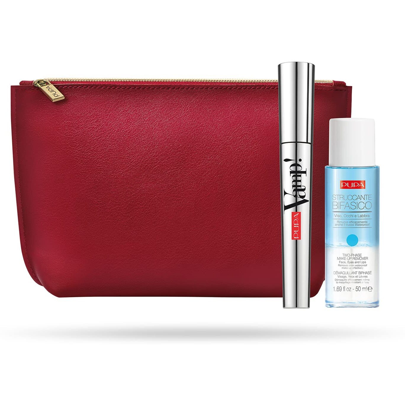 Vamp Mascara and Two-Phase Make-Up Remover Set by Pupa Milano for Women - 3 Pc 0.32oz Vamp Mascara - 100 Black, 1.69oz Two-Phase Make-Up Remover, Beauty Bag