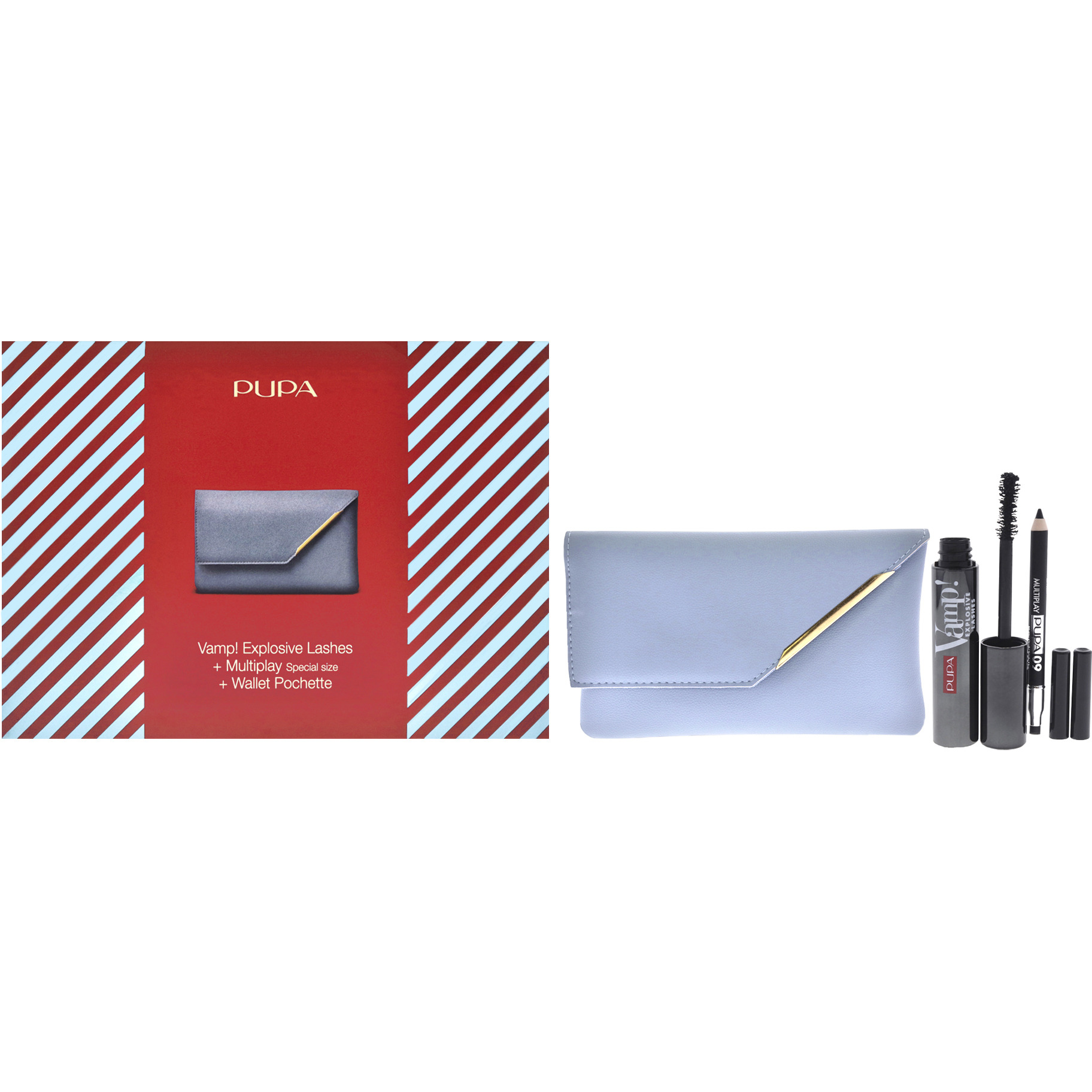 Vamp Explosive Lashes and Multiply Set by Pupa Milano for Women - 3 Pc 0.40oz Vamp Explosive Lashes Mascara - 110 Black, 0.03oz Multiplay Eye Pencil - 09 Black, Wallet