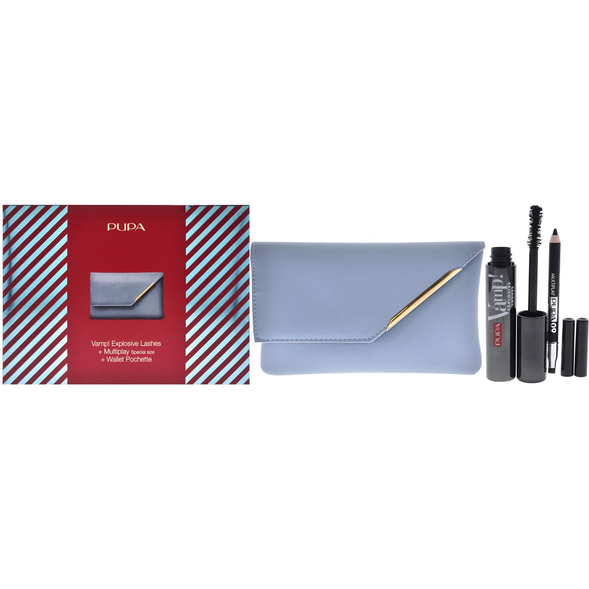 Vamp Explosive Lashes and Multiply Set by Pupa Milano for Women - 3 Pc 0.40oz Vamp Explosive Lashes Mascara - 110 Black, 0.03oz Multiplay Eye Pencil - 09 Black, Wallet
