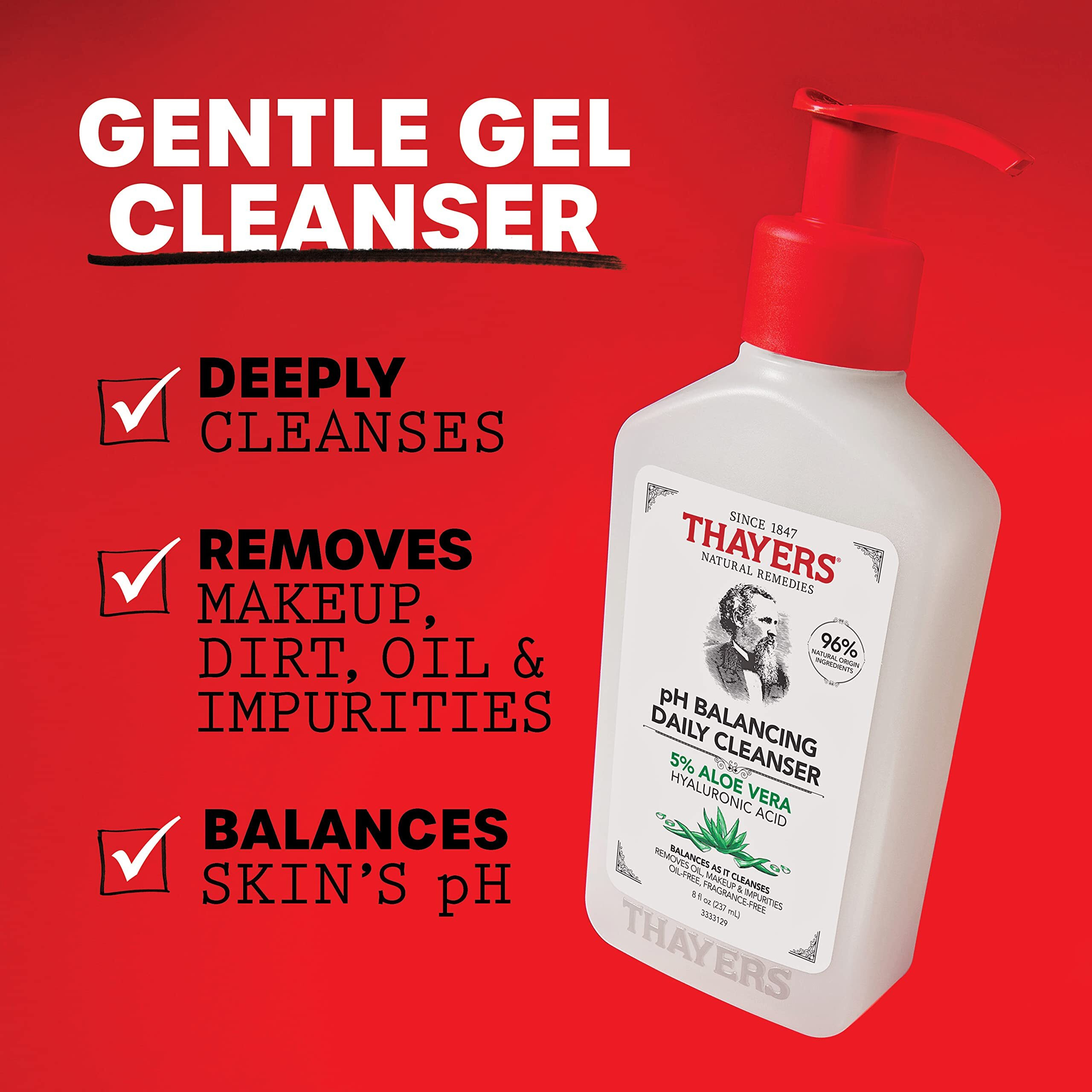 THAYERS pH Balancing Daily Cleanser, Face Wash with Aloe Vera, Gentle and Hydrating Skin Care for Dry, Oily, or Acne Prone Skin, 8 FL Oz.