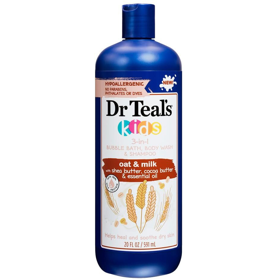 Dr Teal's Oat & Milk with Shea Butter, Cocoa Butter & Essential Oil 3-in-1 Bubble Bath, Body Wash, & Shampoo, 20 Fl Oz