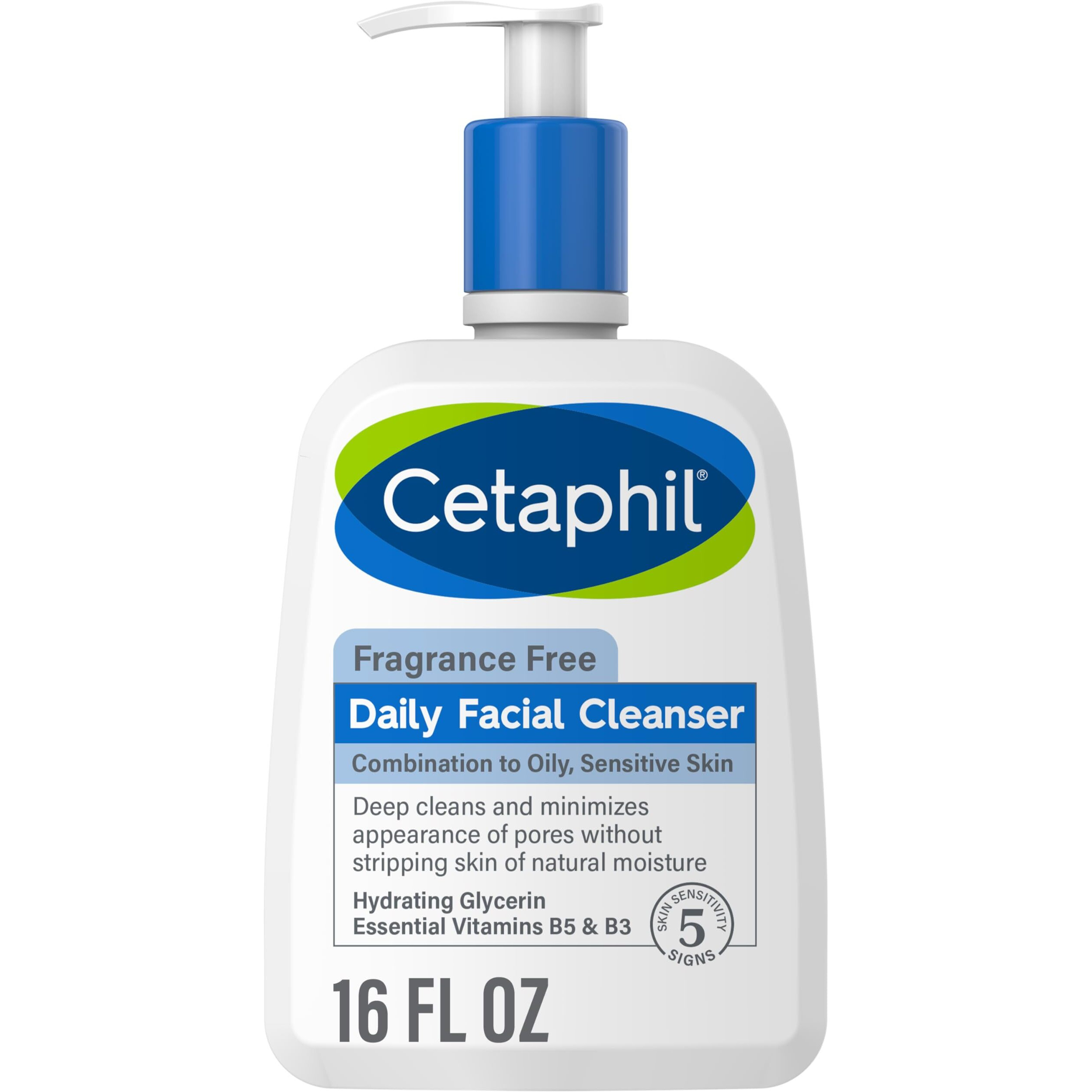 Cetaphil Face Wash, Daily Facial Cleanser for Sensitive, Combination to Oily Skin, NEW 16 oz, Fragrance Free, Gentle Foaming, Soap Free, Hypoallergenic (Packaging May Vary)