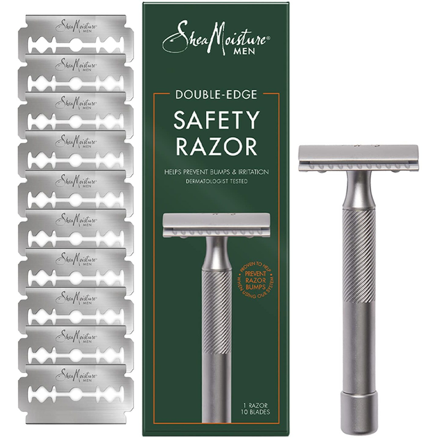 Shea Moisture Men, Double Edge Safety Razor with 10 Refill Double Edge Razor Blades for Men, Platinum Coated, Stainless Steel, Dad Gifts, 1 Razor Handle & 10 Razor Blades per Box