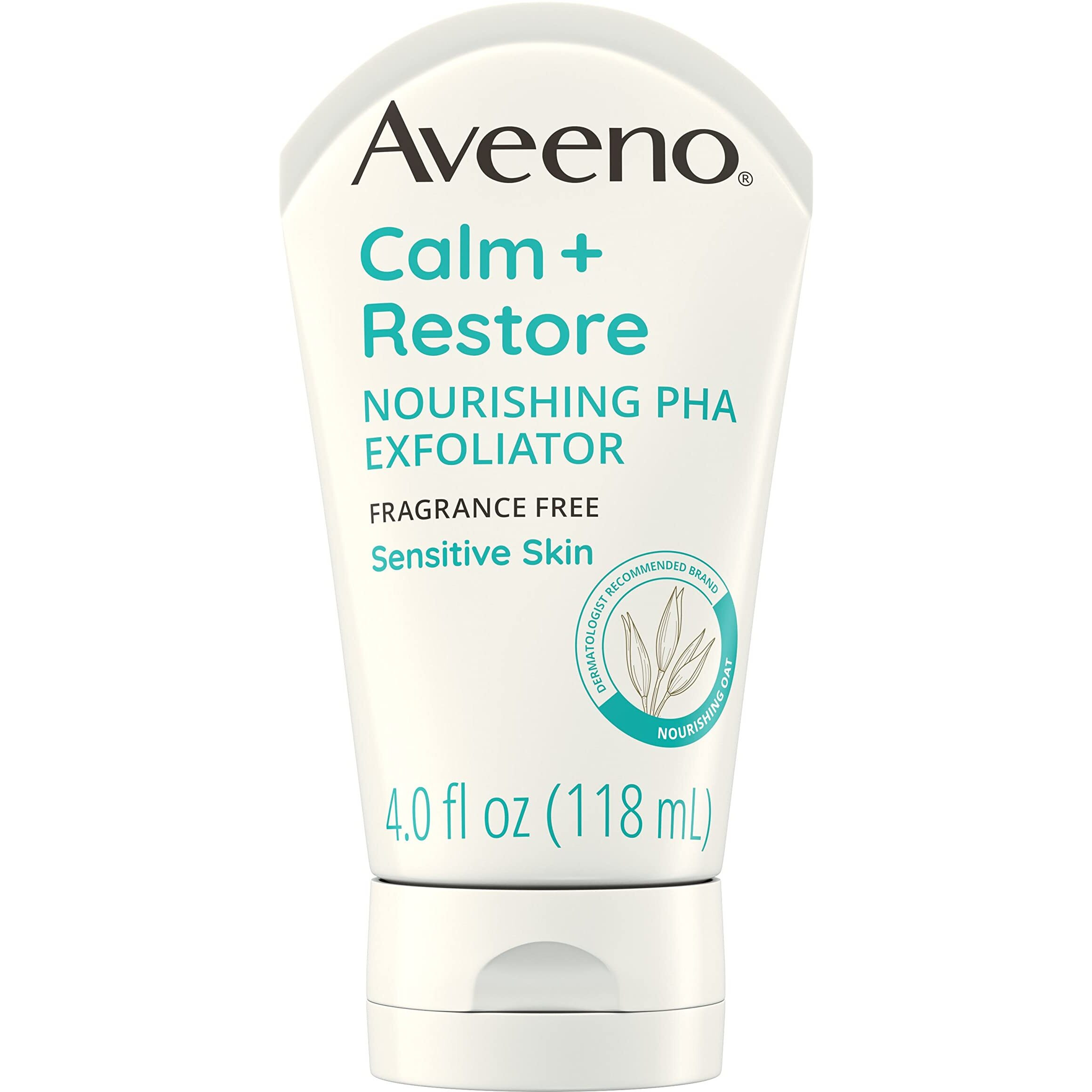 Aveeno Calm + Restore Nourishing PHA Facial Exfoliator Daily for Sensitive Skin, Fragrance-Free & Non-Abrasive Oat Formula to Gently Exfoliate & Cleanse Skin, Hypoallergenic, 4 fl. Oz