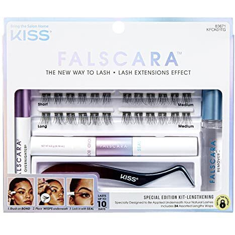 KISS Falscara False Eyelash Special Edition Starter Kit with Overnighter, Bond & Seal, Applicator, Remover, & 24 Lengthening Lash Wisps
