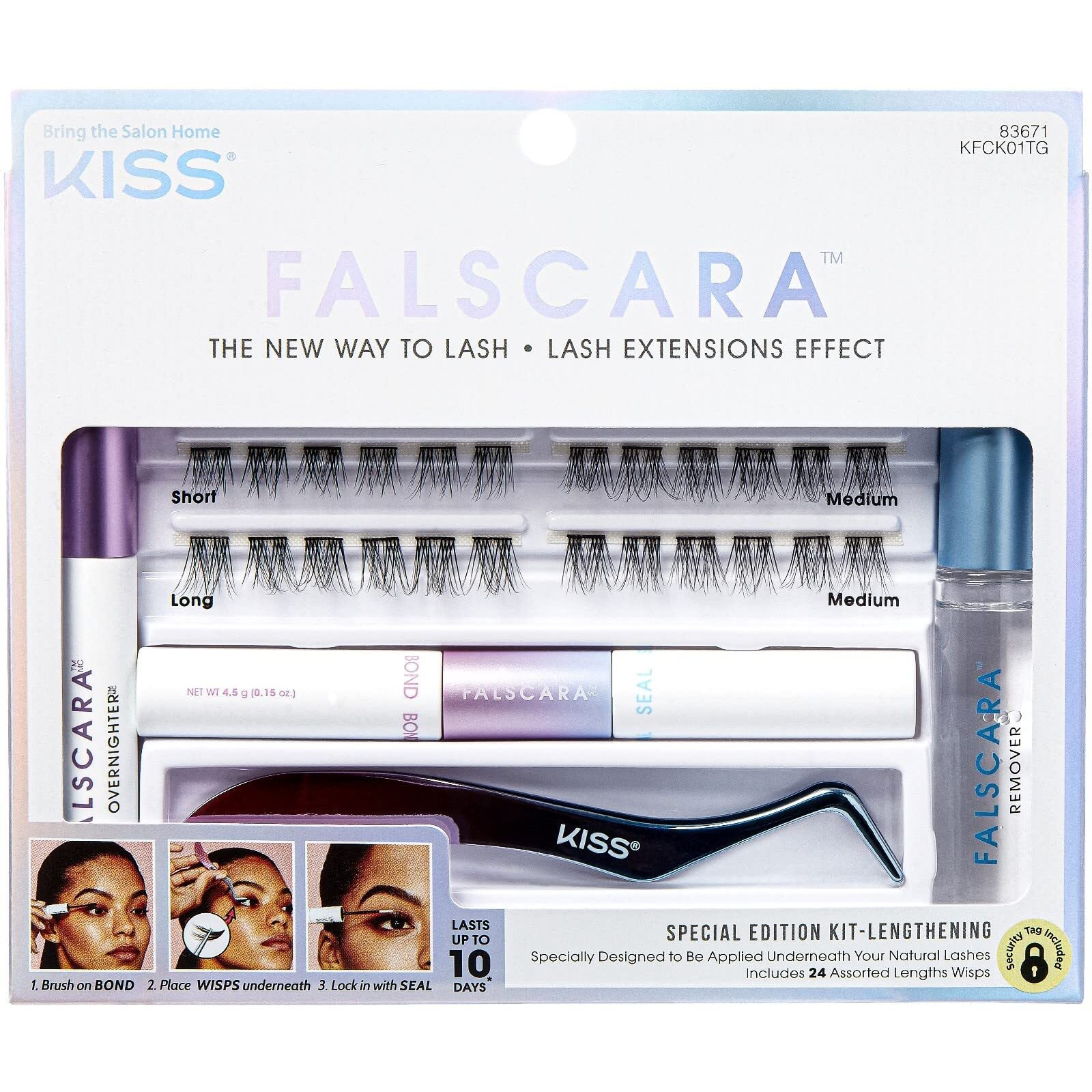 KISS Falscara False Eyelash Special Edition Starter Kit with Overnighter, Bond & Seal, Applicator, Remover, & 24 Lengthening Lash Wisps
