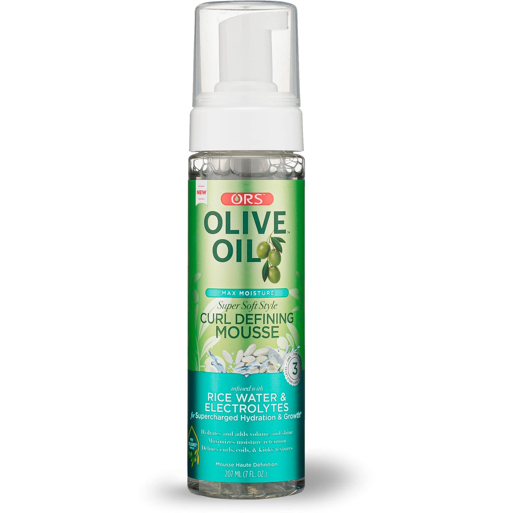 Olive Oil Max Moisture Super Soft Style Curl Defining Mousse infused with Rice Water & Electrolytes for Supercharged Hydration & Growth (7.0 oz)