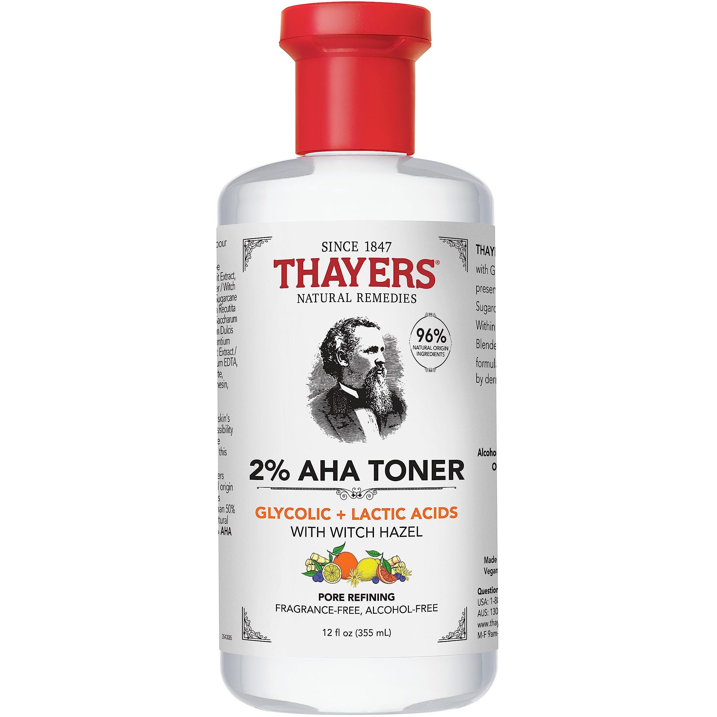 Thayers 2% AHA Exfoliating Toner with Glycolic Acid, Lactic Acid and Witch Hazel, Smoothing and Pore Refining Skin Care for All Skin Types, 12 Fl Oz