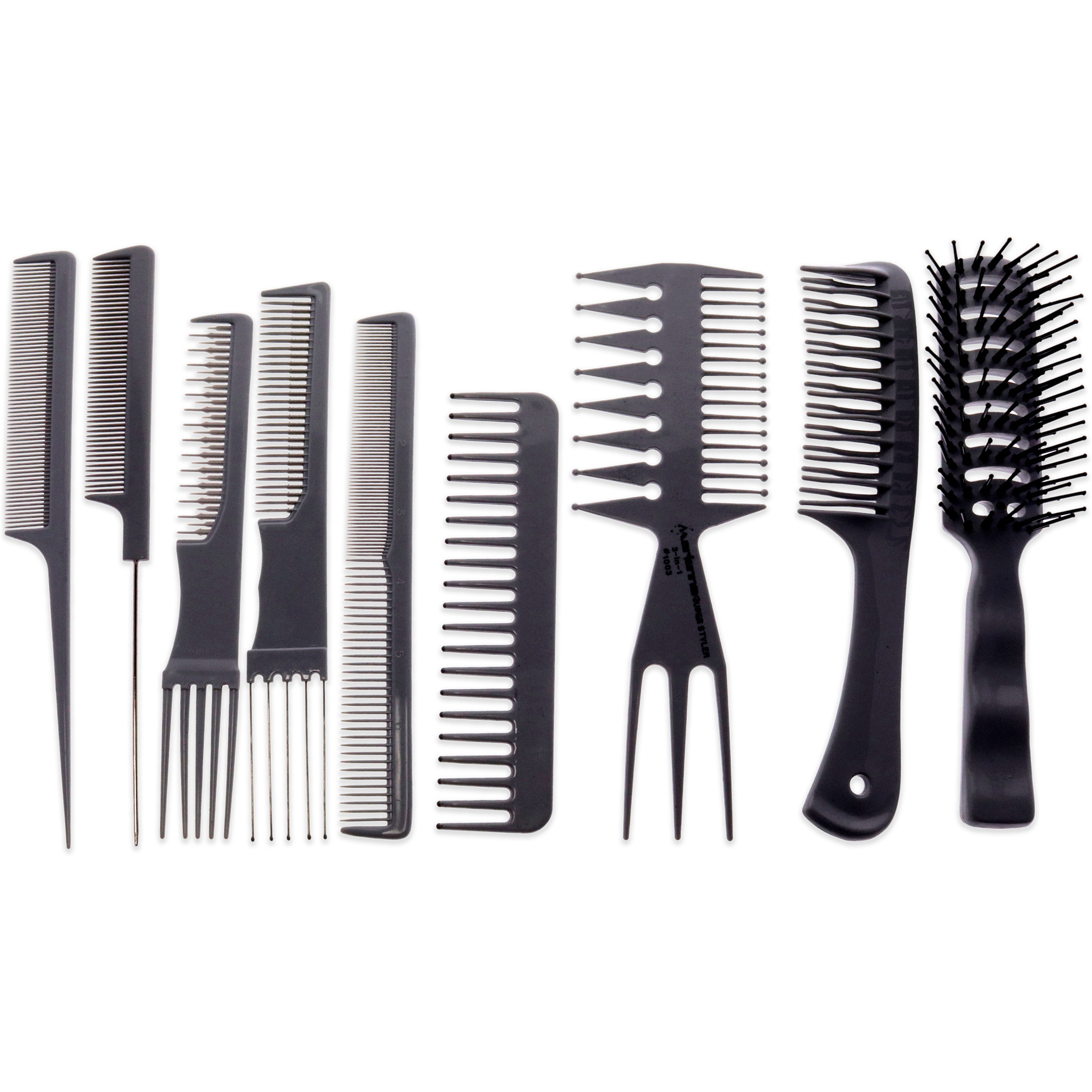 Professional Plastic Comb and Brush Set by Marianna for Unisex - 9 Pc Beauty Comb, Tail Comb, Hip Comb, Pro Tangle Hair Styler With 1 Metal Wires, Volume-II Fluff Comb, Tangle Comb, Pro Tangle Hair Styler With 5 Metal Wires, Teaser Hair Styler With 5 Plastic Wires, Vent Brush - Large