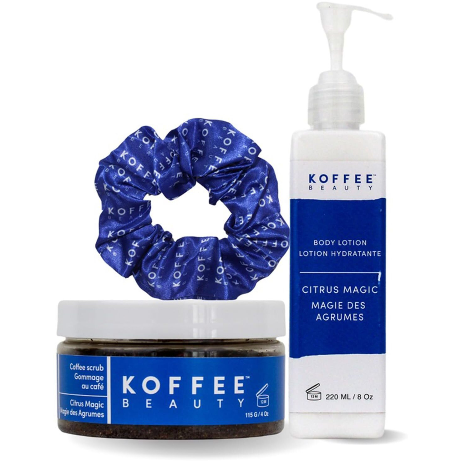 Citrus Magic Set by Koffee Beauty for Unisex - 3 Pc 4oz Citrus Magic Coffee Scrub, 8oz Citrus Magic Body Lotion, Silk Scrunchie