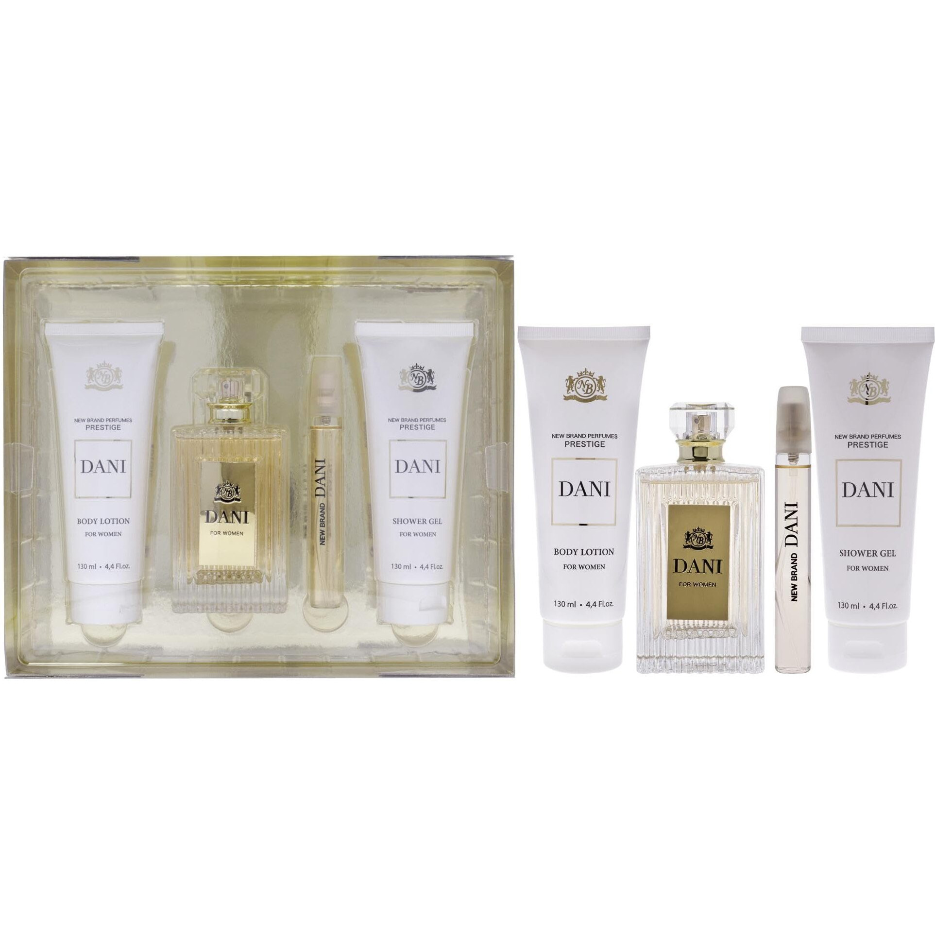 Prestige Dani by New Brand for Women - 4 Pc Gift Set 3.3oz EDP Spray, 0.5oz EDP Spray, 4.4oz Shower Gel, 4.4oz Body Lotion