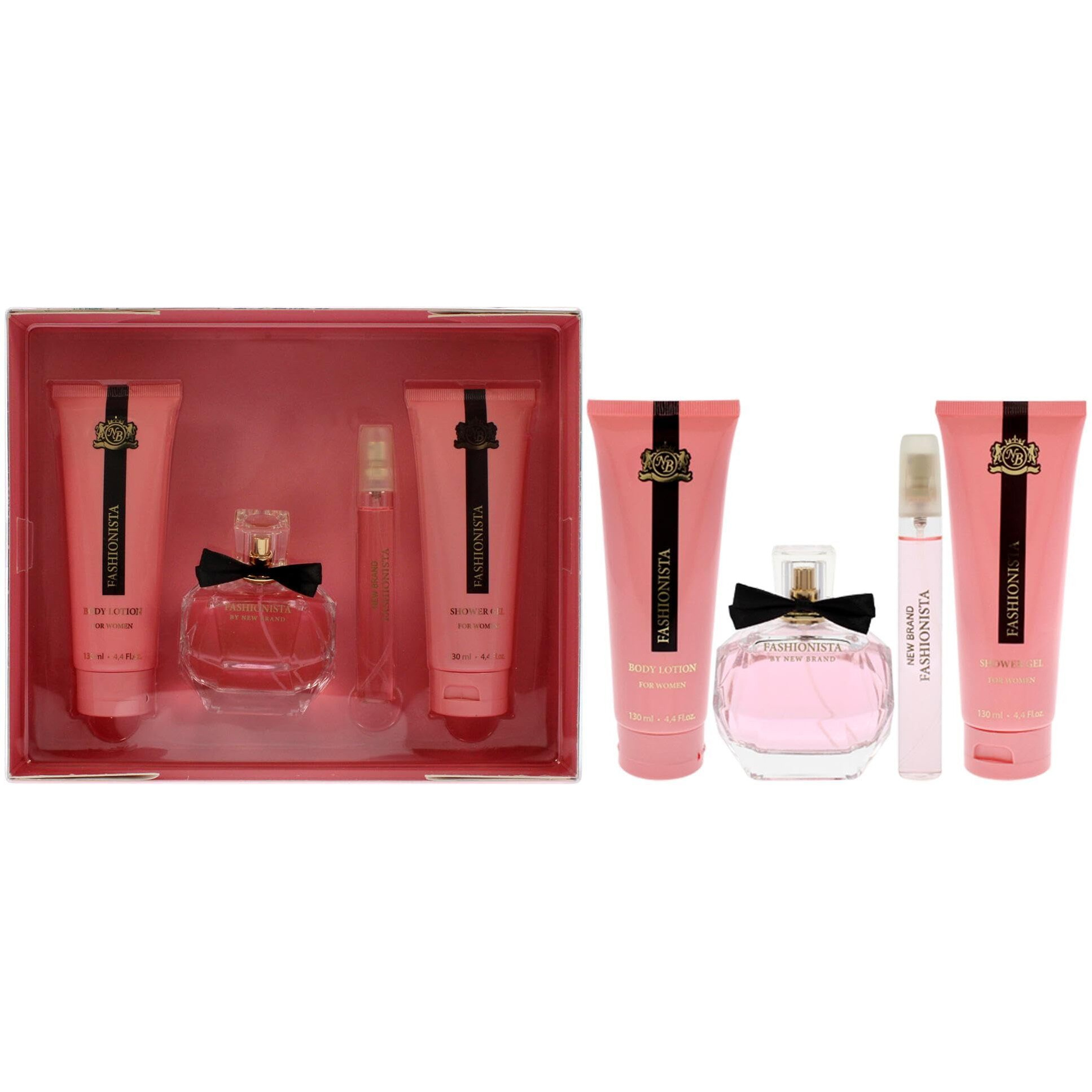 Prestige Fashionista by New Brand for Women - 4 Pc Gift Set 3.4oz EDP Spray, 0.5oz EDP Spray, 4.4oz Shower Gel, 4.4oz Body Lotion