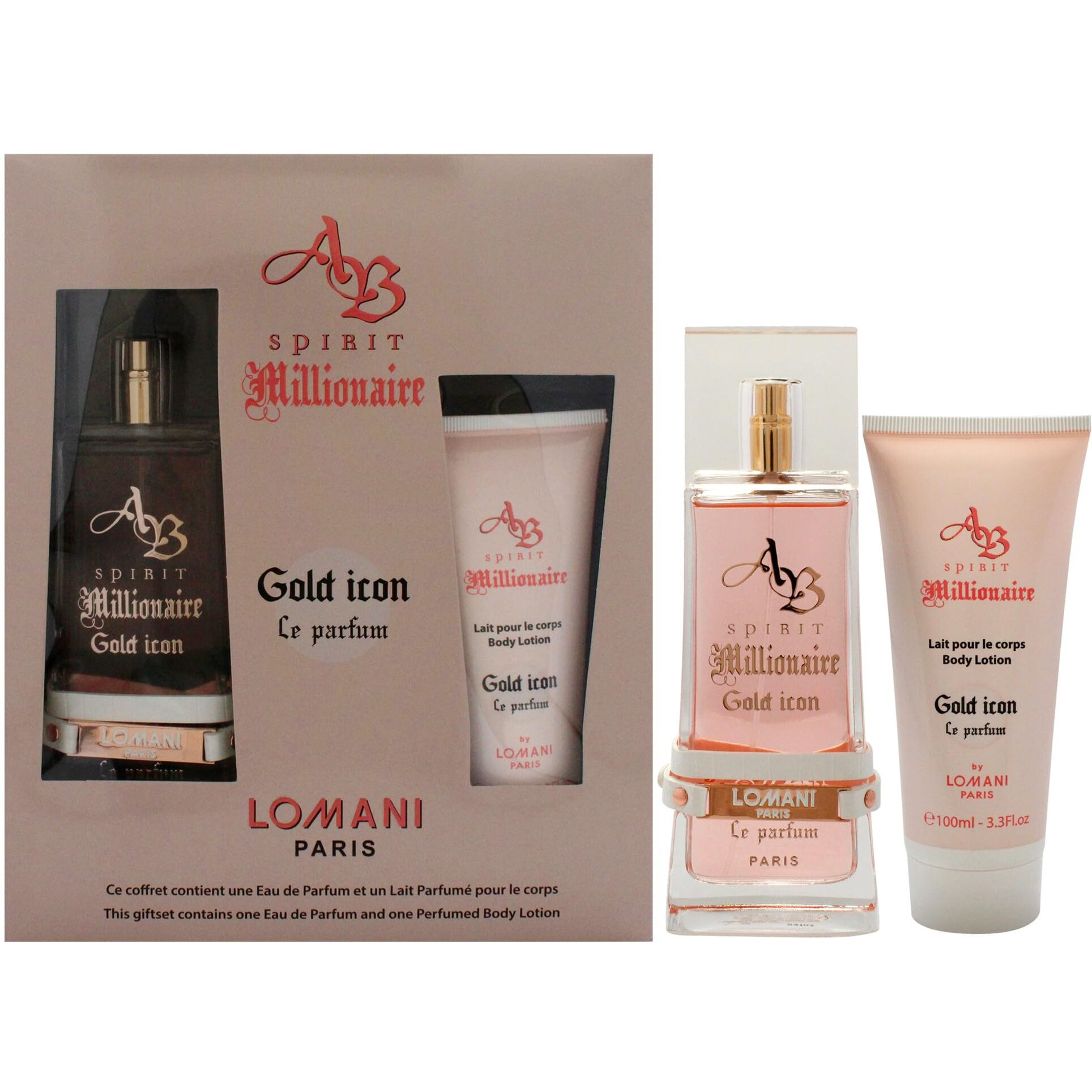 AB Spirit Millionaire Le Parfum Gold Icon by Lomani for Women - 2 Pc Gift Set 3.3oz EDP Spray, 3.3oz Body Lotion