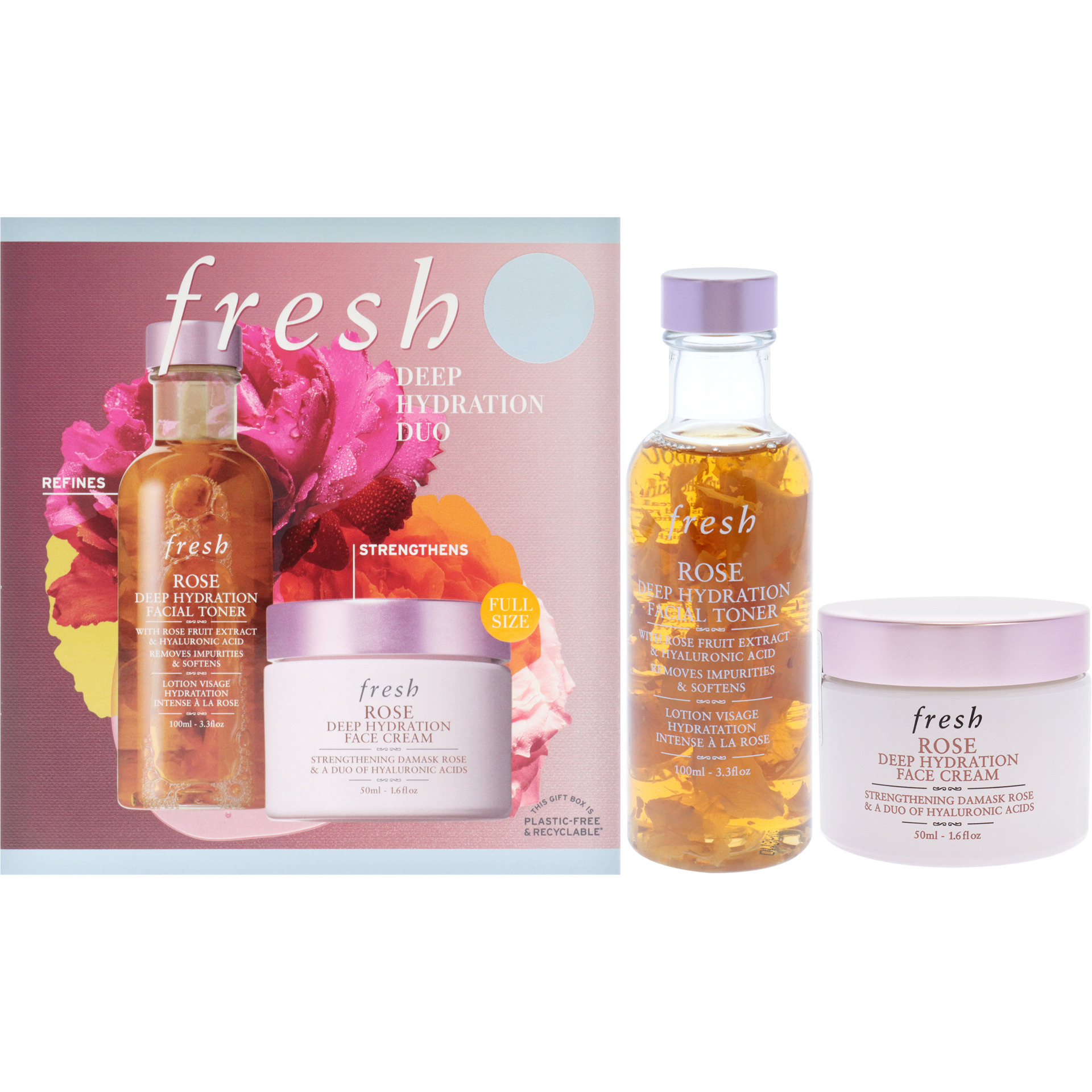 Deep Hydration Duo by Fresh for Women - 2 Pc 3.3oz Rose Deep Hydration Facial Toner, 1.6oz Rose Deep Hydration Face Cream