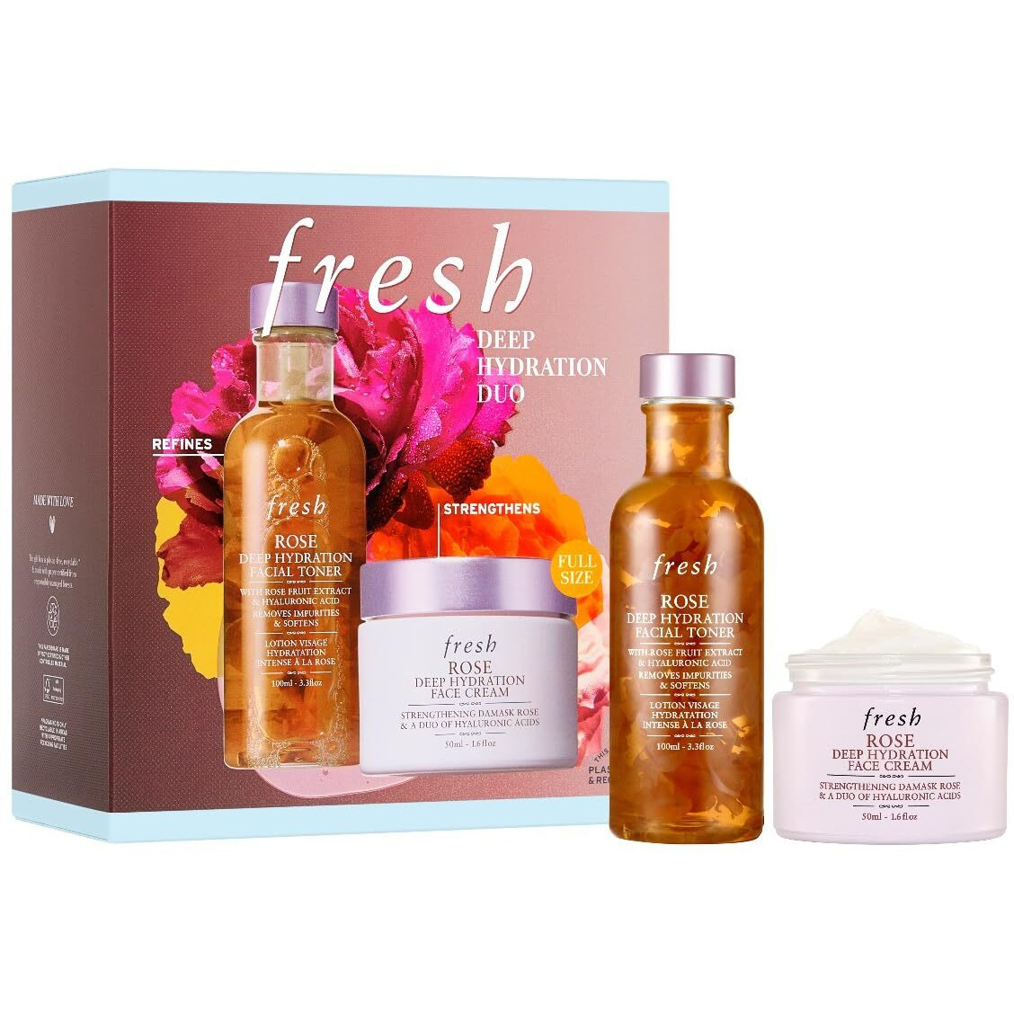 Deep Hydration Duo by Fresh for Women - 2 Pc 3.3oz Rose Deep Hydration Facial Toner, 1.6oz Rose Deep Hydration Face Cream