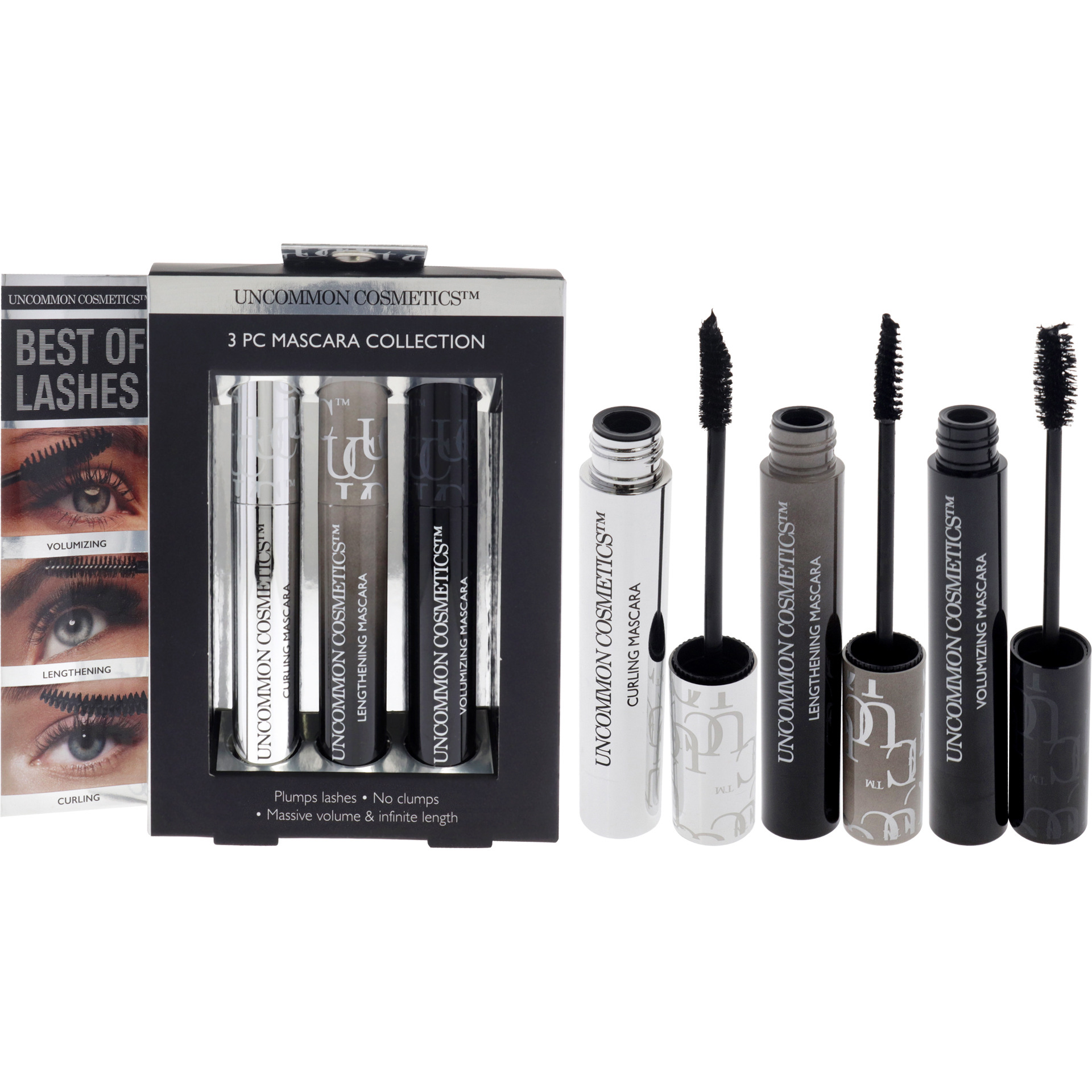 Best Of Lashes Mascara Collection Set by Uncommon Cosmetics for Women - 3 Pc 0.27oz Lengthening Mascara, 0.27oz Volumizing Mascara, 0.27oz Curling Mascara