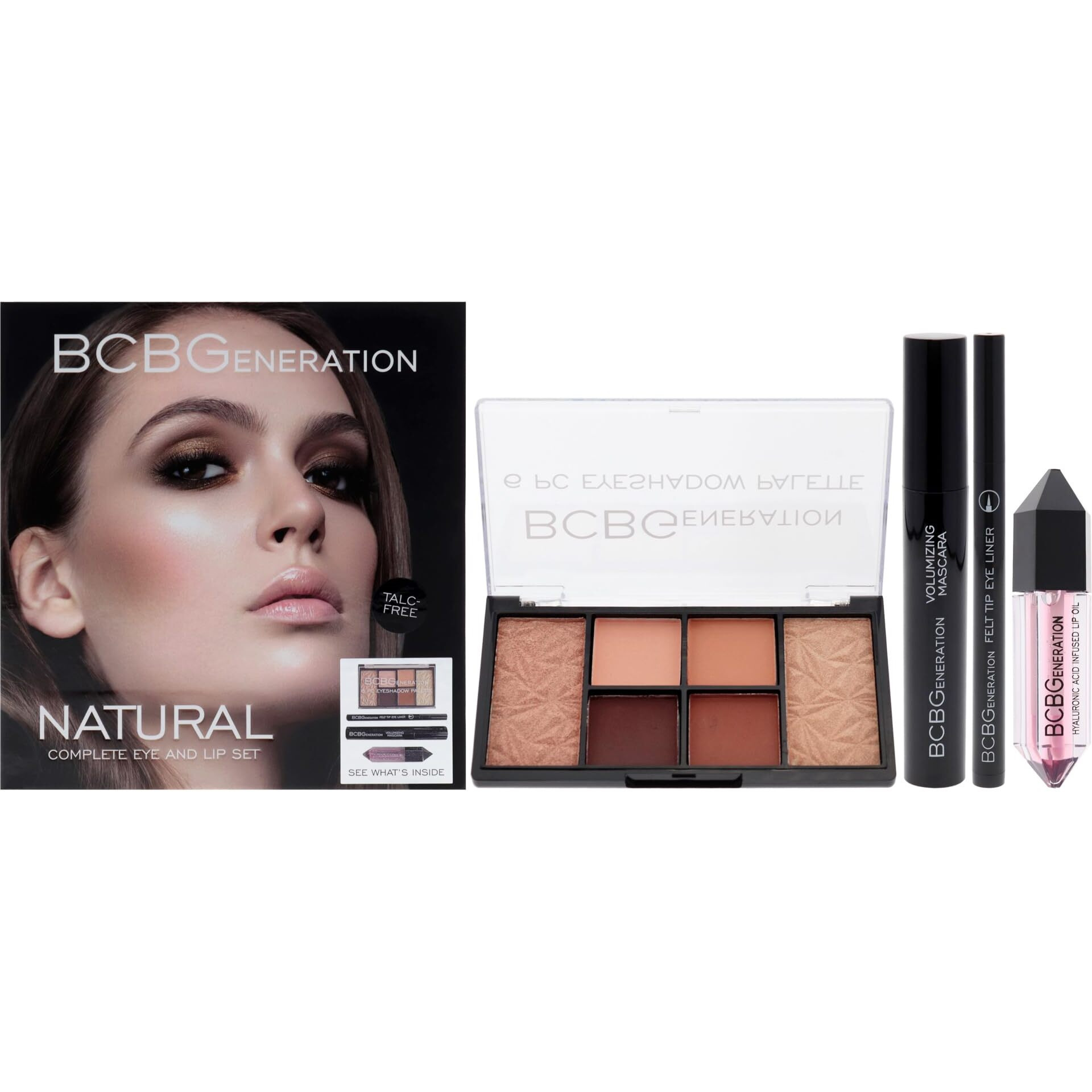 Natural Complete Eye and Lip Set by BCBGeneration Cosmetics for Women - 4 Pc 0.38oz Eyeshadow Palette, 0.04oz Felt Tip Eyeliner, 0.27oz Volumizing Mascara, 0.20oz Hyaluronic Acid Infused Lip Oil