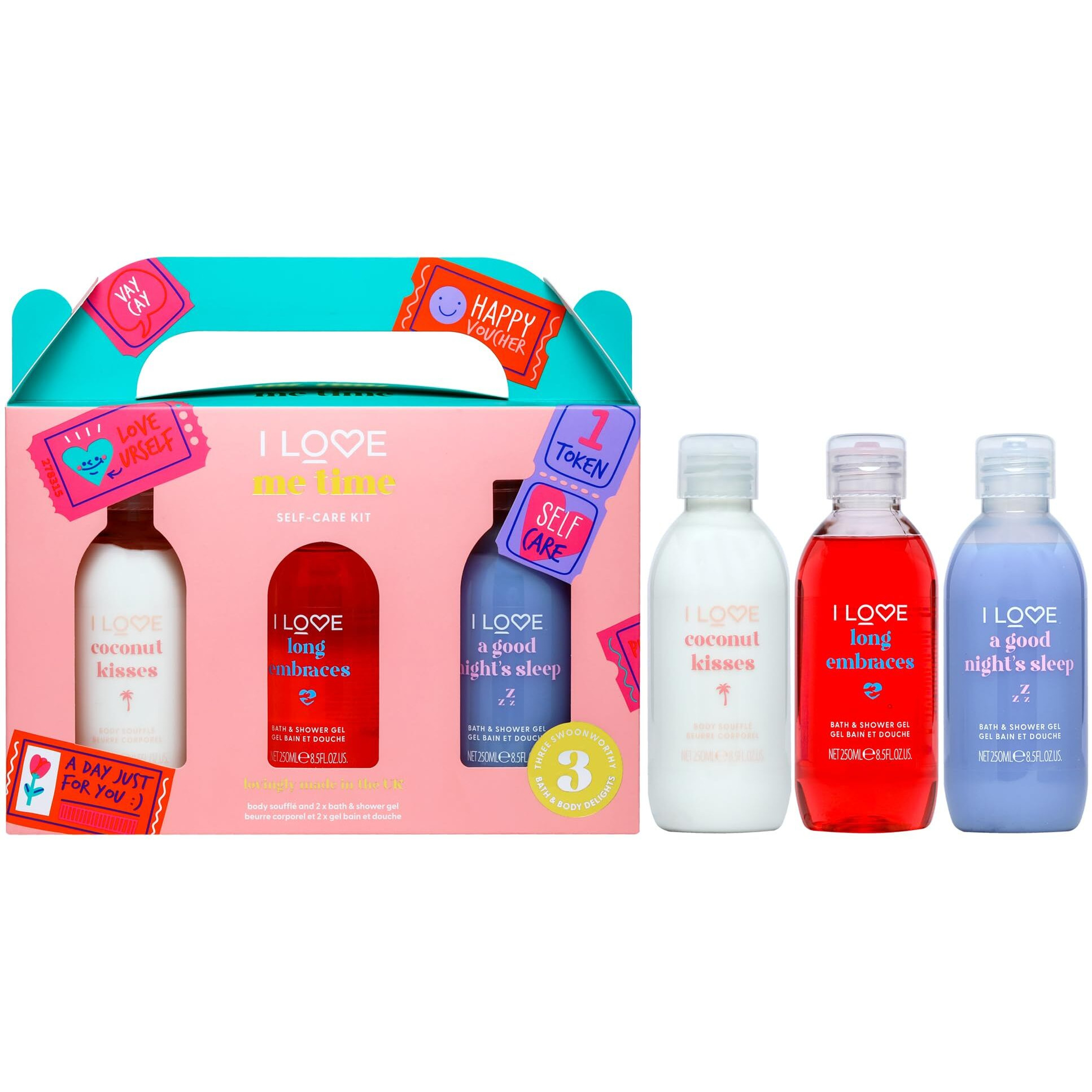Me Time Self-Care Kit by I Love Cosmetics for Women - 3 Pc 8.45oz Bath and Shower Gel - Coconut Kisses, 8.45oz Bath and Shower Gel - Long Embraces, 8.45oz Bath and Shower Gel - A Good Nights Sleep