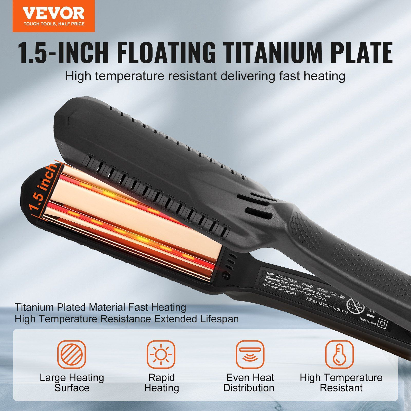 VEVOR Hair Straightener, 1.5-inch Titanium Flat Iron, Dual Infrared Hair Straightener Flat Iron with LCD Display and 19 Temp Levels - 210F to 450F, Dual Voltage 110V/240V for Salon Home Travel Use