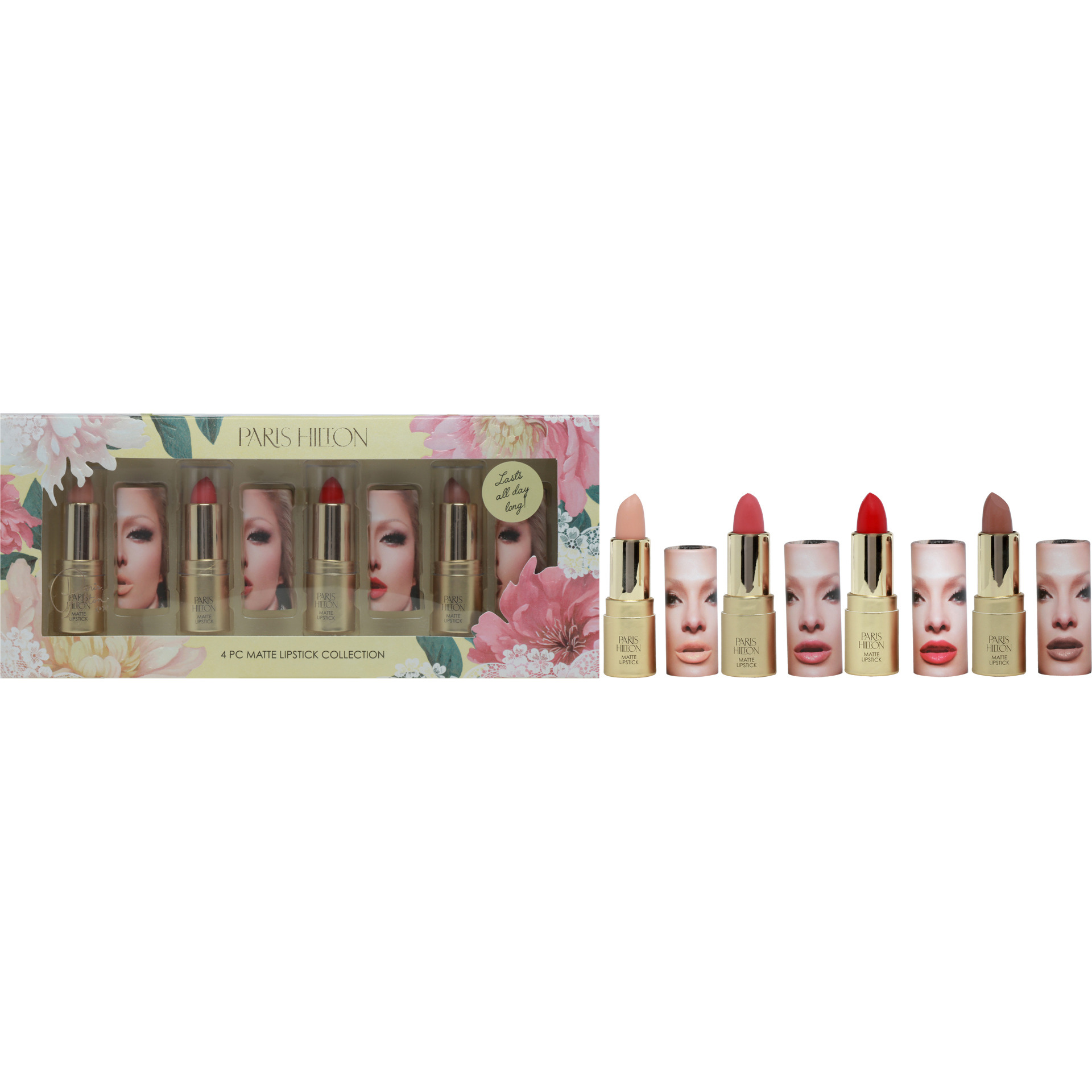 Matte Lipstick Collection by Paris Hilton Cosmetics for Women - 4 Pc 0.12oz Bombshell Matte Lipstick, 0.12oz Brave Matte Lipstick, 0.12oz First Love Matte Lipstick, 0.12oz Diva Matte Lipstick