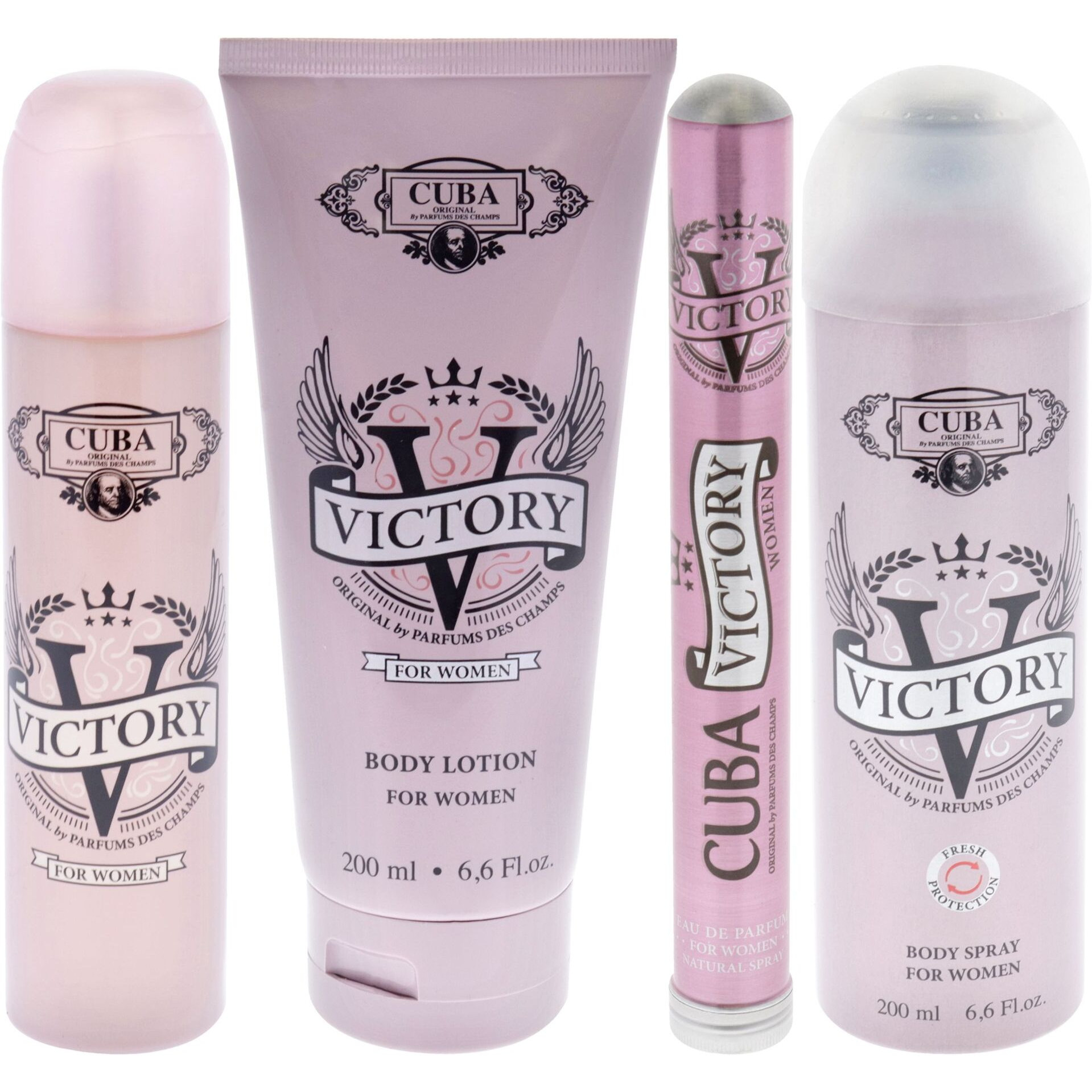 Cuba Victory by Cuba for Women - 4 Pc Gift Set 3.3oz EDP Spray, 1.17oz EDP Spray, 6.6oz Body Spray, 6.6oz Body Lotion
