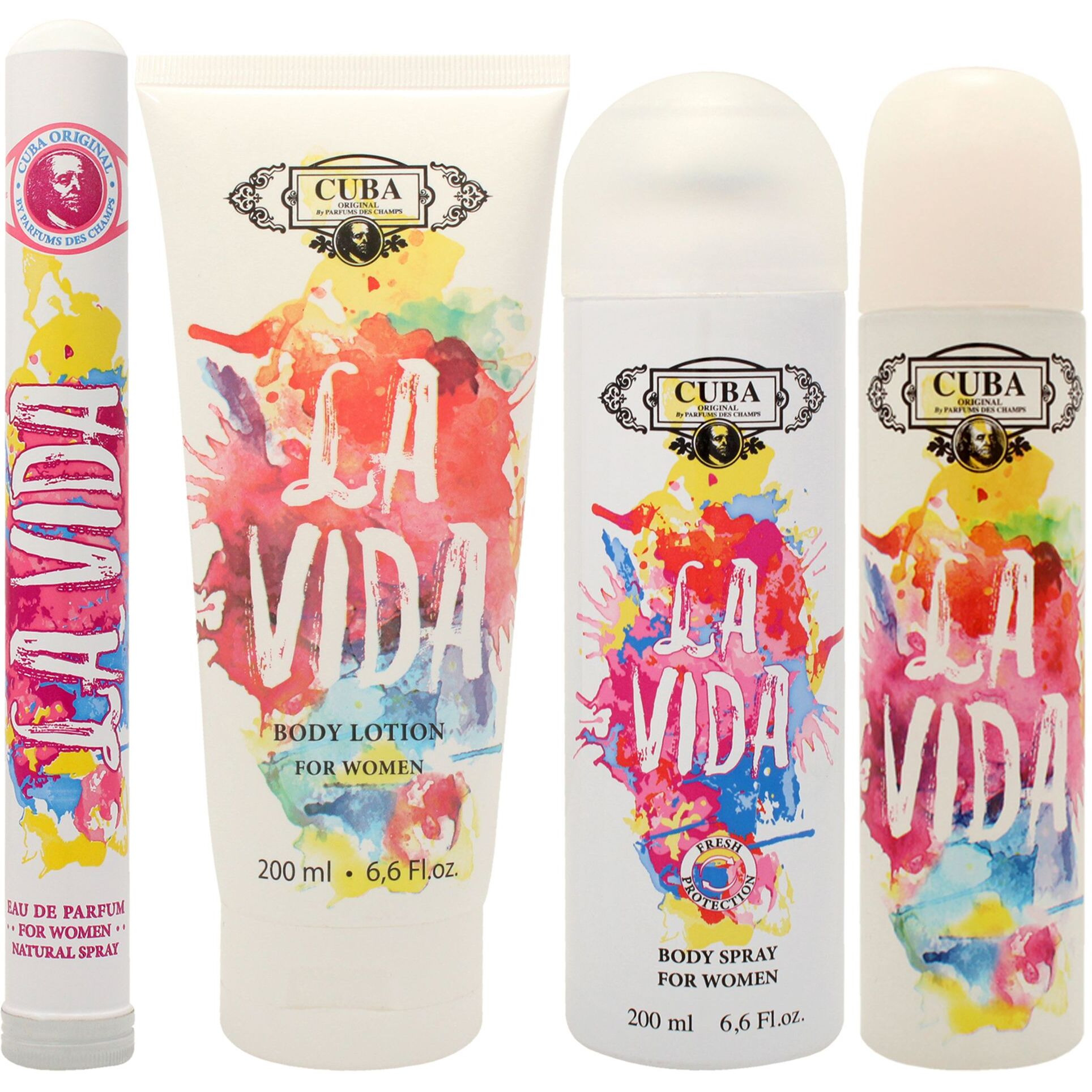 Cuba La Vida by Cuba for Women - 4 Pc Gift Set 3.3oz EDP Spray, 1.17oz EDP Spray, 6.6oz Body Spray, 6.6oz Body Lotion