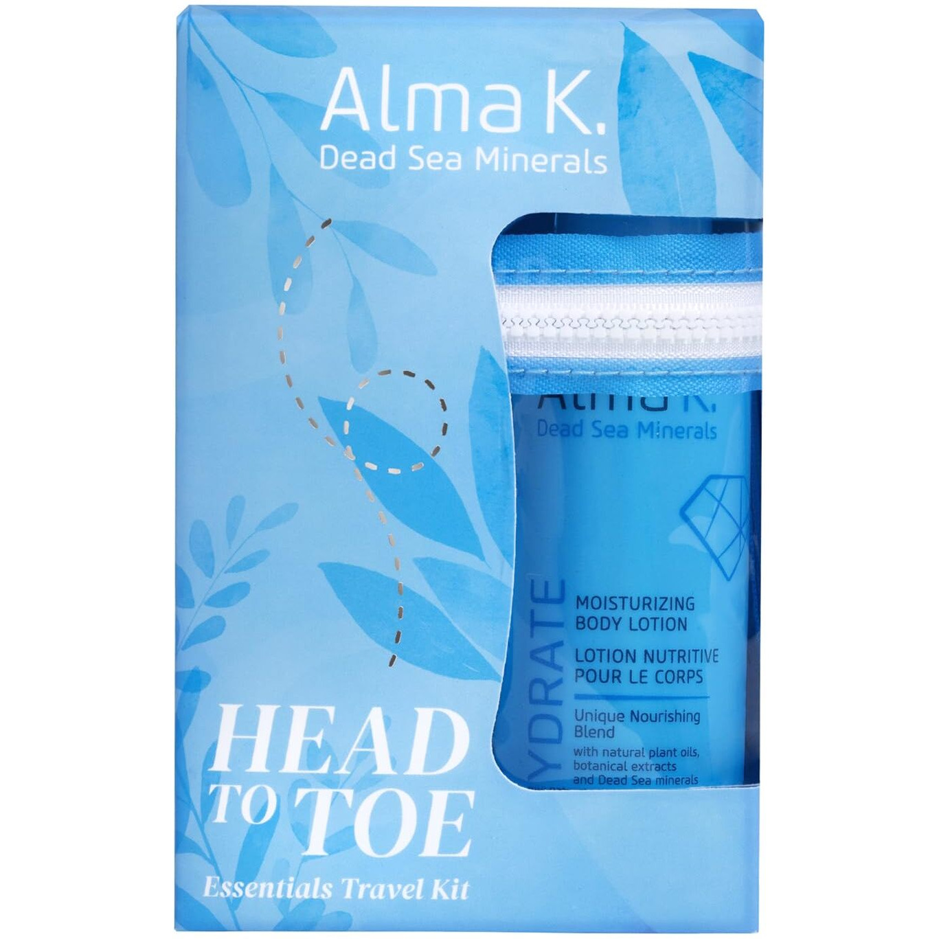 Head to Toe Essentials Travel Kit by Alma K for Women - 4 Pc 3.38oz Moisturizing Body Lotion, 3.38oz Silky Smooth Shower Cream, 3.38oz Shine and Glow Shampoo, 3.38oz Shine and Glow Conditioner