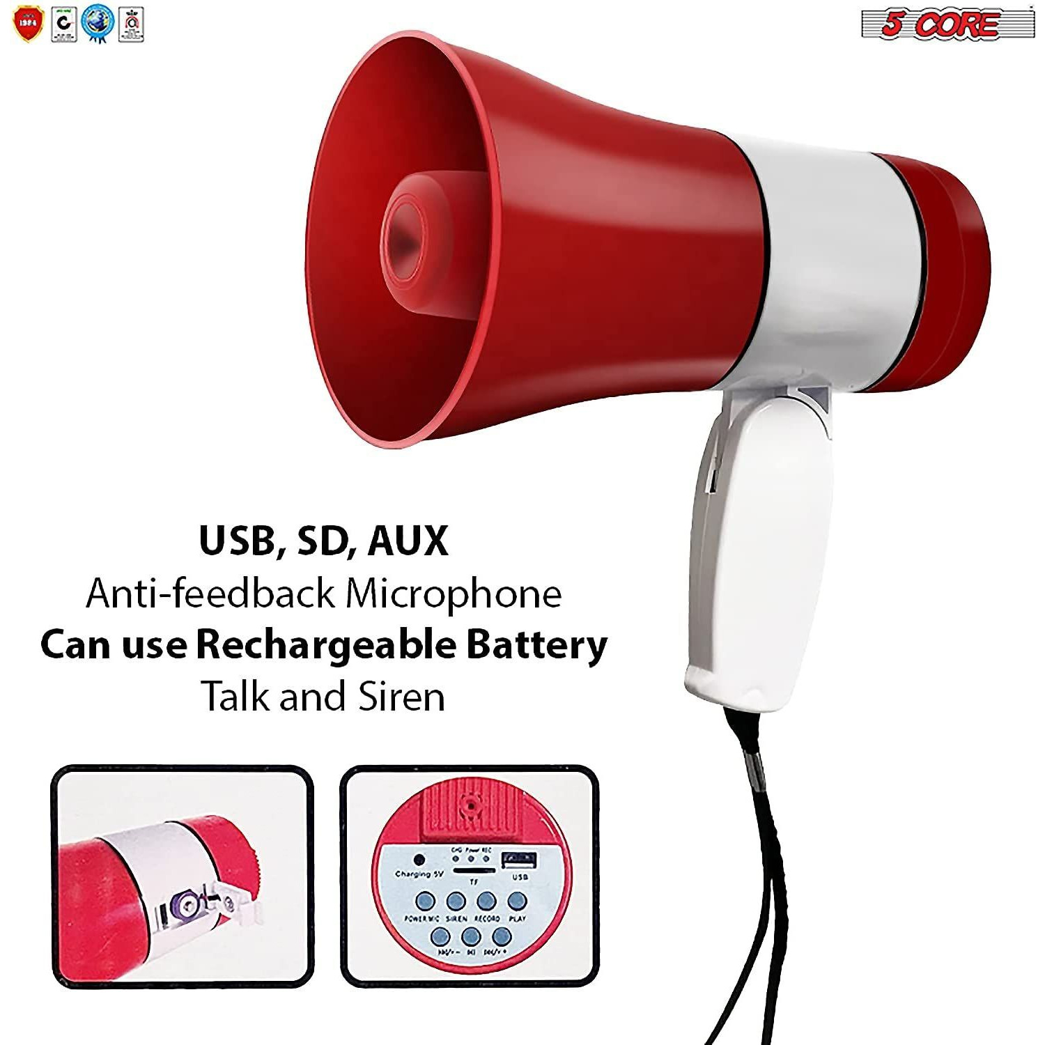Megaphone Handheld Bullhorn Cheer Loudspeaker Bull Horn Speaker Megaphono Siren Sling Strap Portable 5Core 138 RU(D0102HHDFG6.)