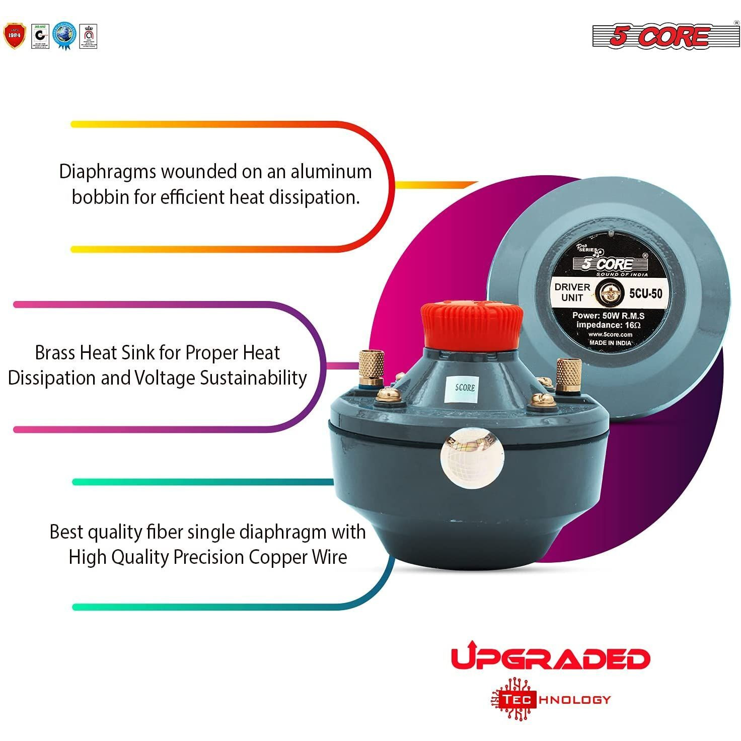 5 Core 50 Watt RMS (500W PMPO) 16 ohms Speaker Compression Driver 160Hz - 7KHz Frequency, Mid Range Tweeter Unit with Aluminium Body with Diaphragm Screw on Type (DU-50)(D0102HX6C68.)
