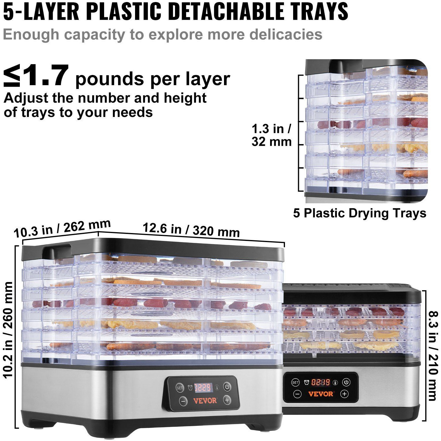 VEVOR Food Dehydrator Machine, 5-Tray Fruit Dehydrator, 300W Electric Food Dryer w/ Digital Adjustable Timer & Temperature for Jerky, Herb, Meat, Beef, Fruit, Dog Treats and Vegetables, ETL Listed