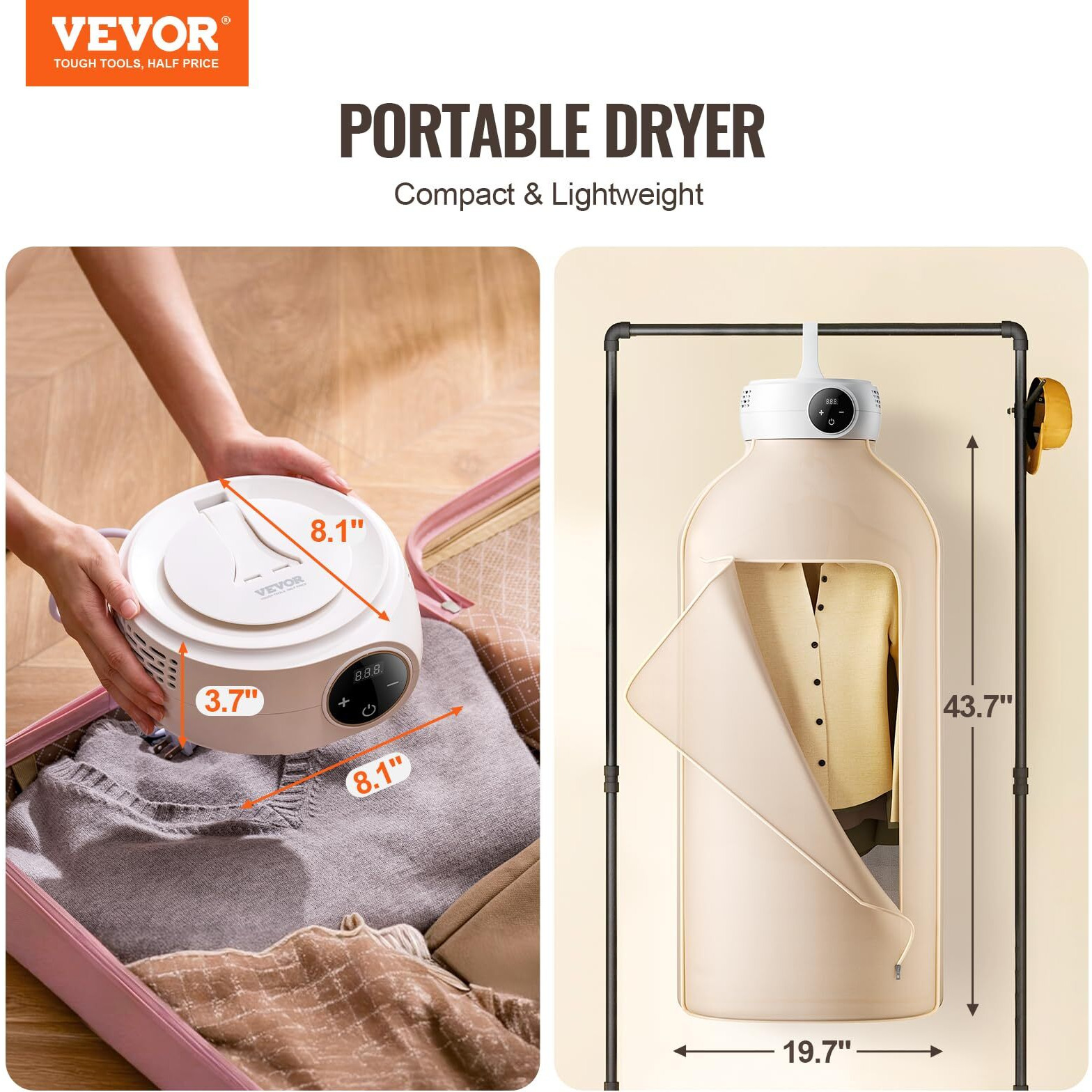 VEVOR Portable Clothes Dryer, Clothes Dryer with Dryer Bag, PTC Heating & LED Display, Foldable Mini Dryer with 5-H Timer for Apartments, Dorms, RVs, or Hotels, 600W, Beige