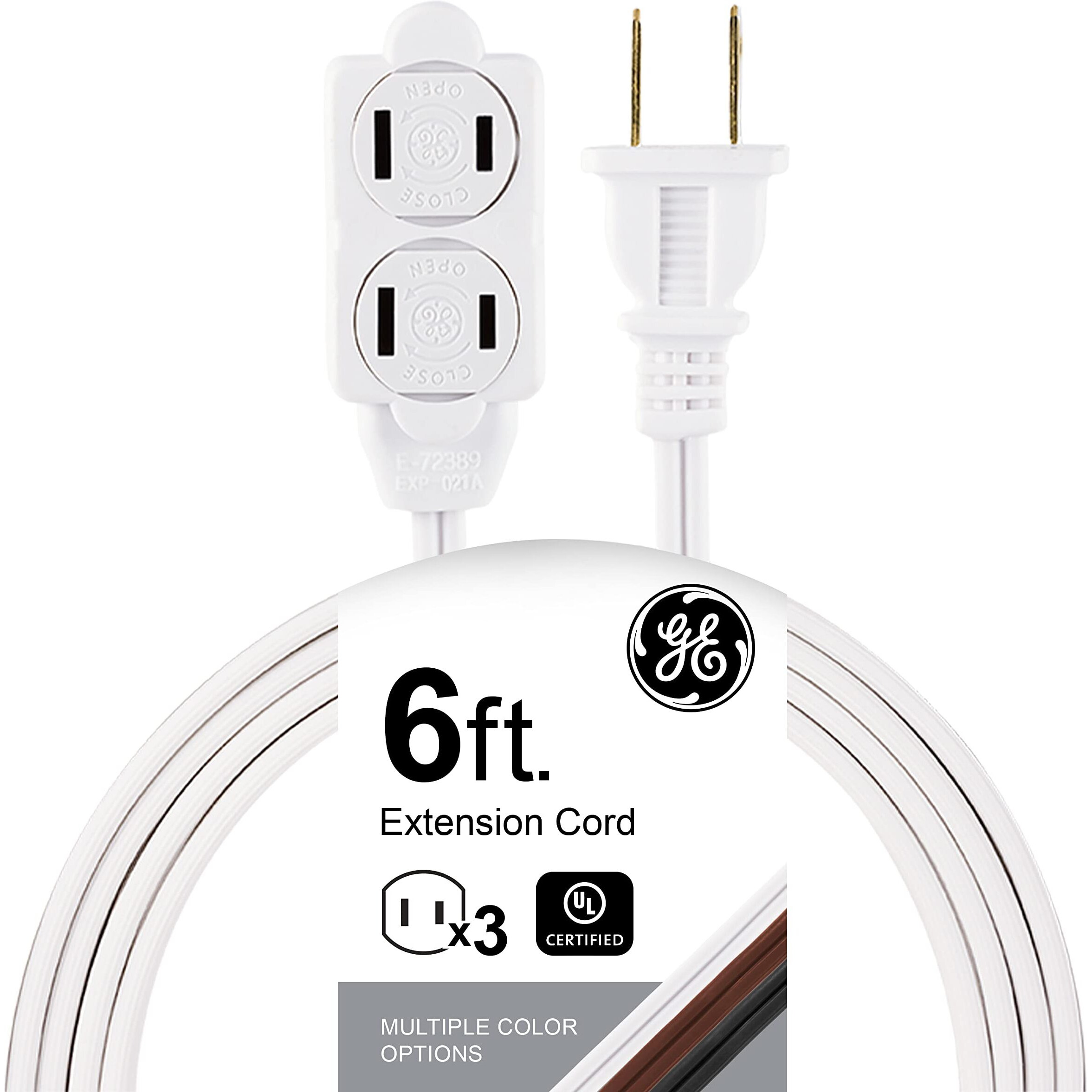 GE 3-Outlet Power Strip, 6 Ft Extension Cord, 2 Prong, 16 Gauge, Twist-to-Close Safety Outlet Covers, Indoor Rated, Perfect for Home, Office or Kitchen, UL Listed, White, 51937
