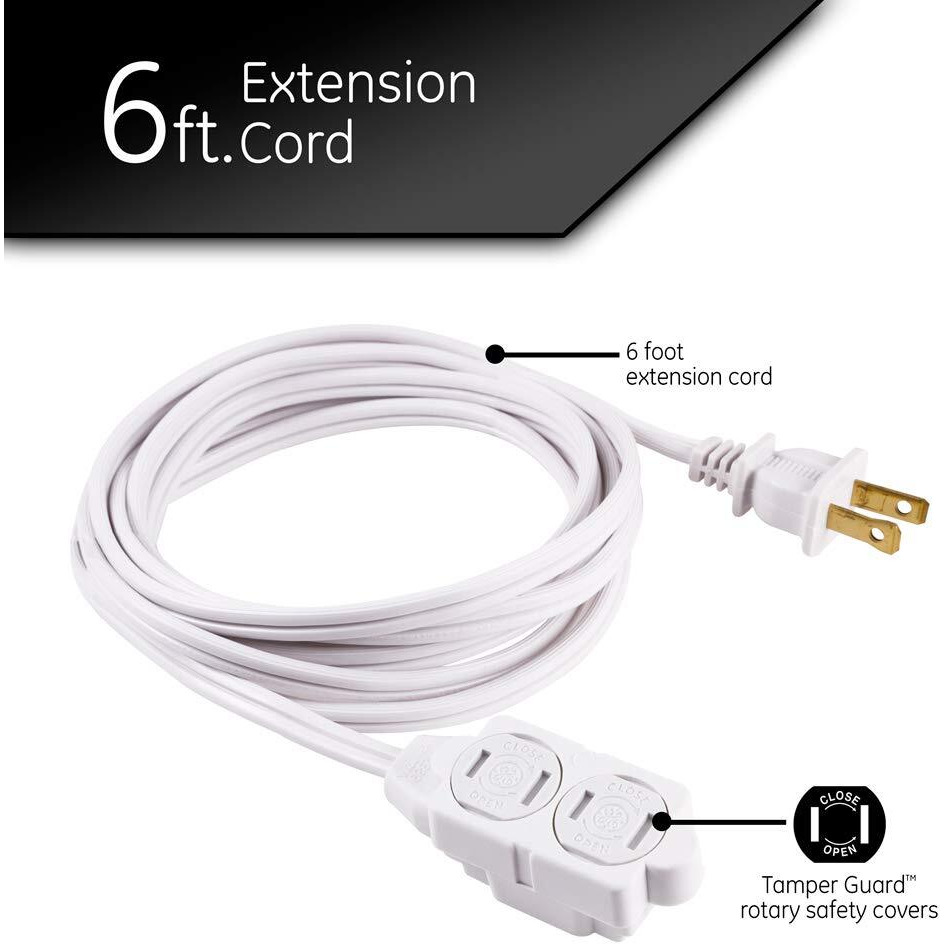 GE 3-Outlet Power Strip, 6 Ft Extension Cord, 2 Prong, 16 Gauge, Twist-to-Close Safety Outlet Covers, Indoor Rated, Perfect for Home, Office or Kitchen, UL Listed, White, 51937