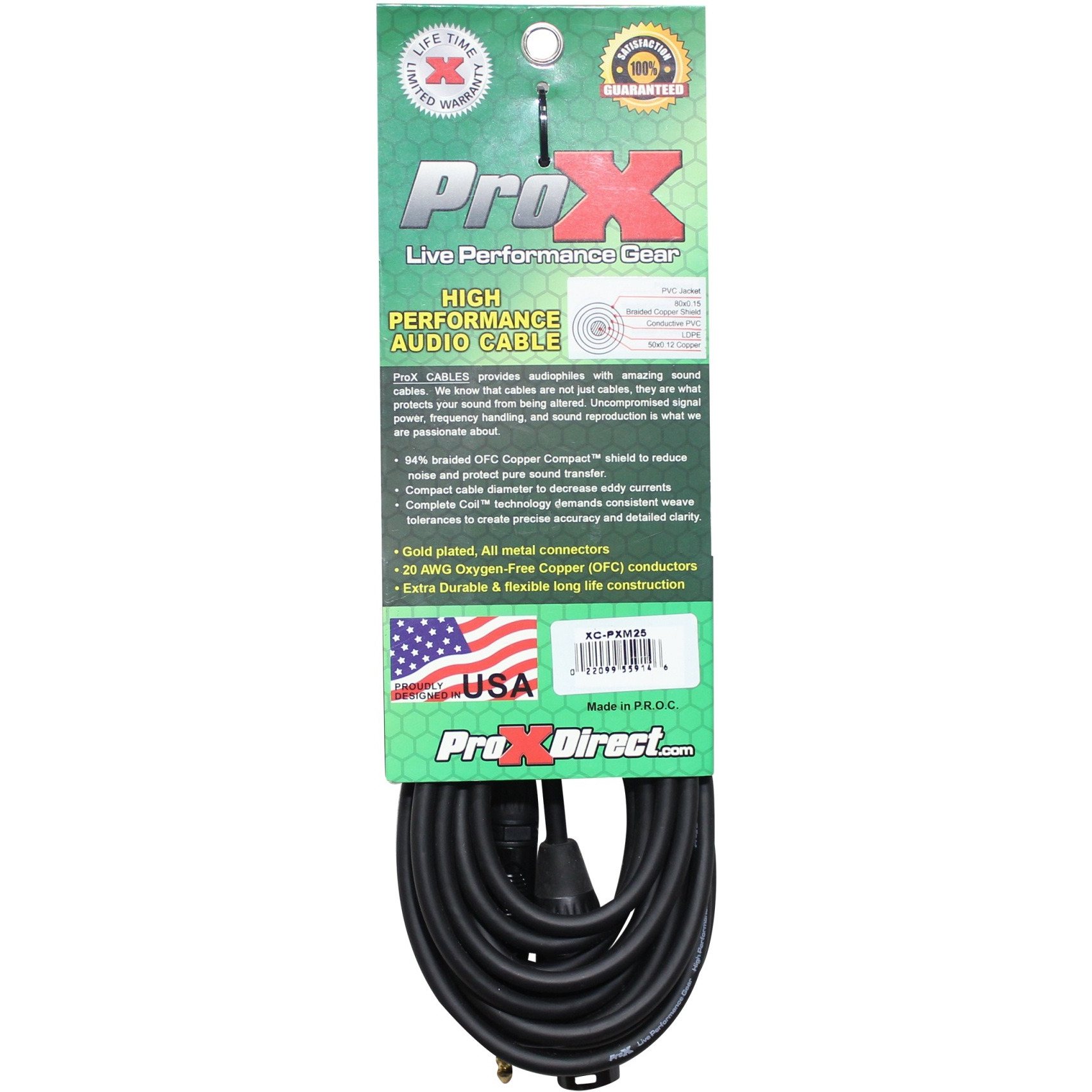 ProX XC-PXM25 1/4" 25 Ft. Unbalanced 1/4" TS to XLR3-M High Performance Audio Cable