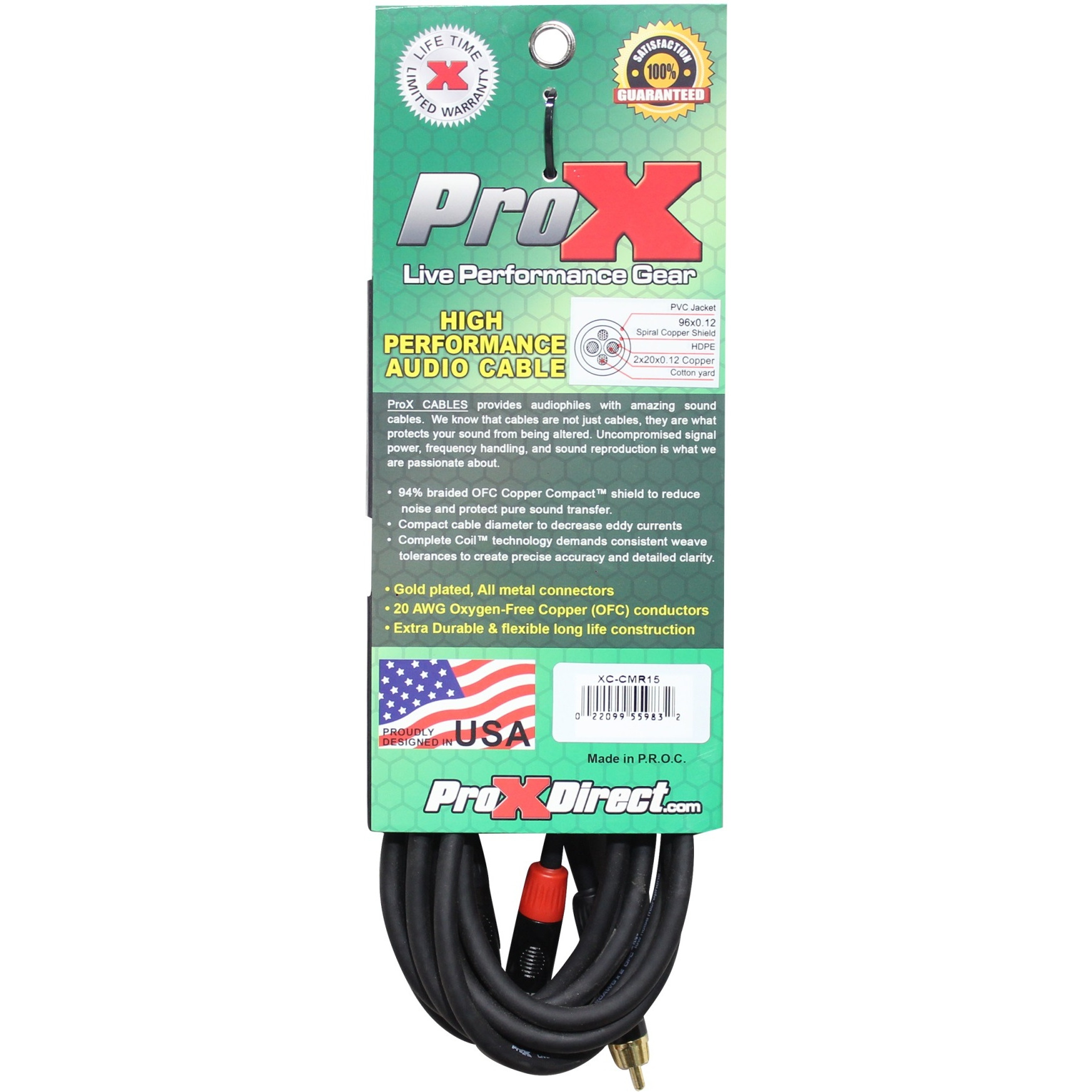 ProX XC-CMR15 15 Ft High Performance 3.5mm 1/8 Mini TRS to Dual RCA-M Unbalanced Y-Cable