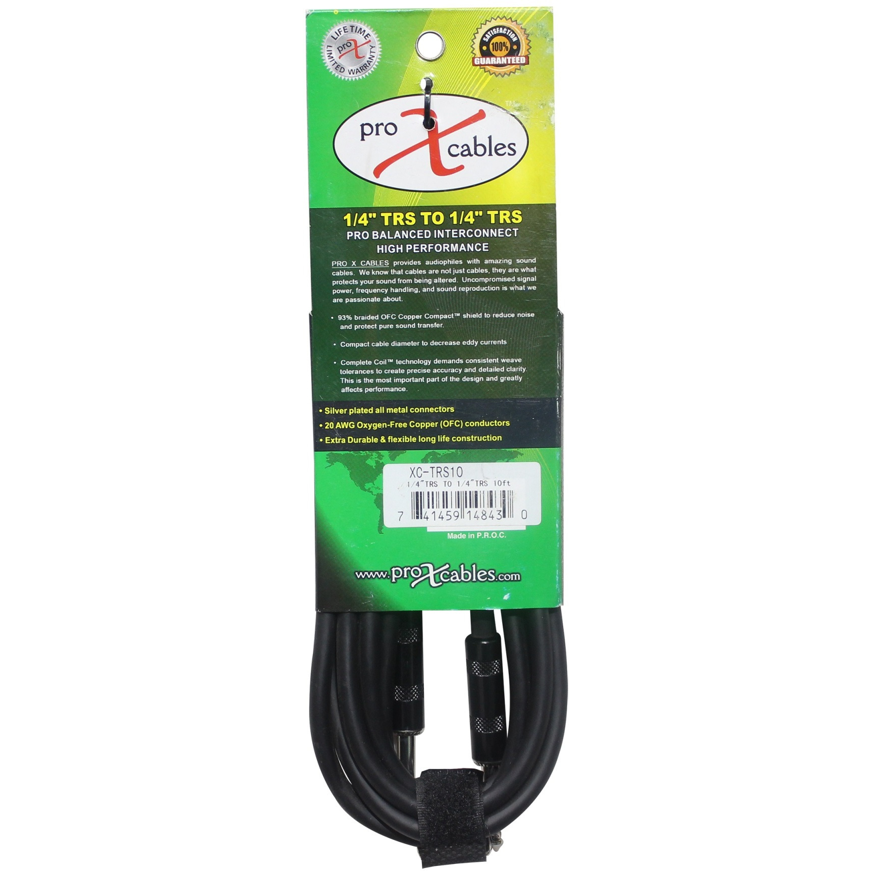 ProX XC-TRS10 10 Ft. Balanced 1/4" TRS-M to TRS-M High Performance Audio Cable