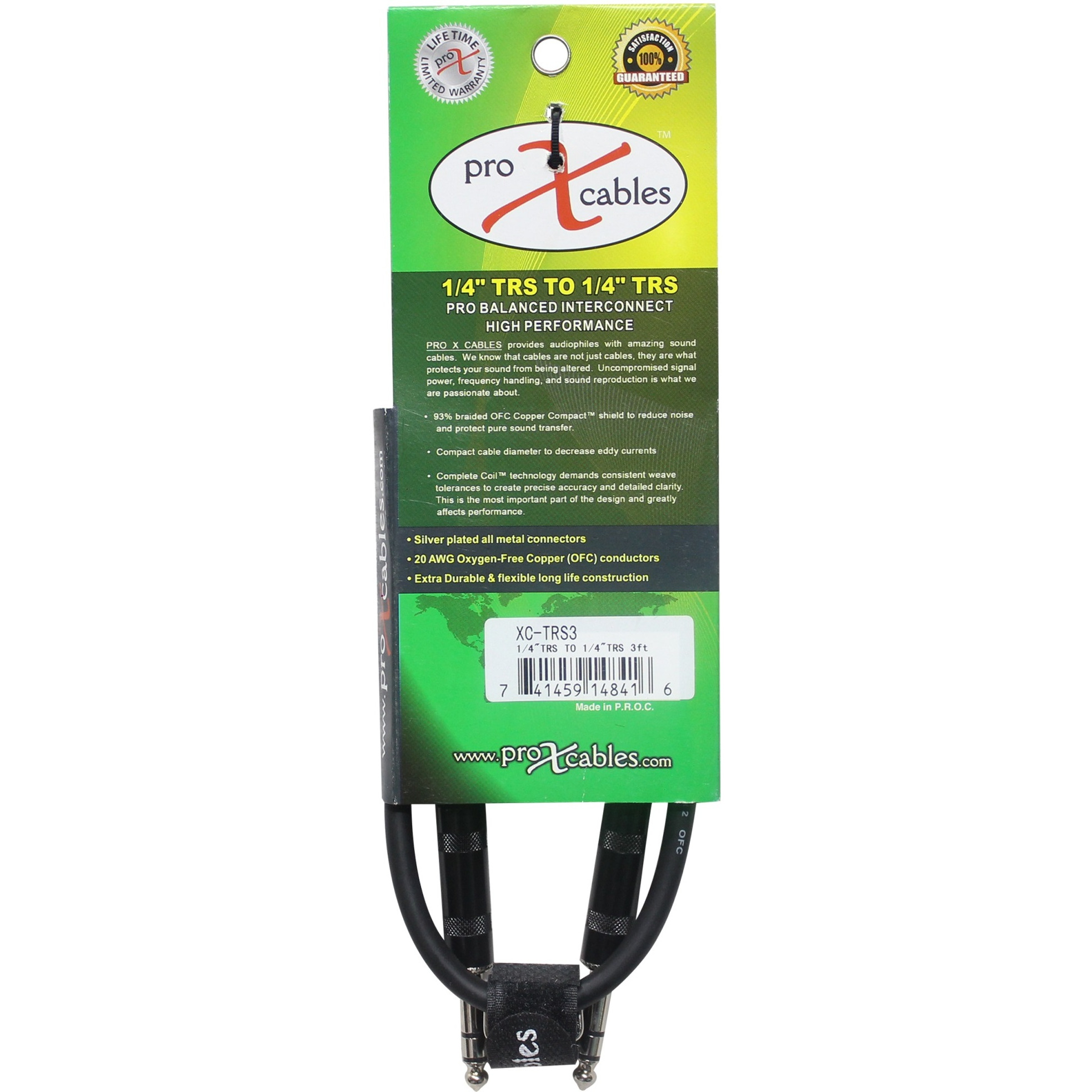 ProX XC-TRS03 3 Ft. Balanced 1/4" TRS-M to TRS-M High Performance Audio Cable