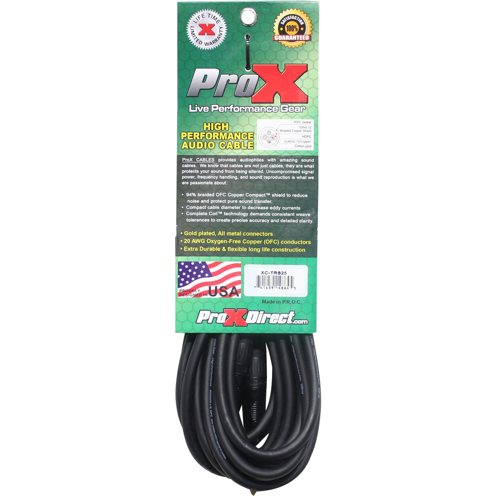 ProX XC-TRS25 25 Ft. Balanced  1/4" TRS-M to TRS-M High Performance Audio Cable