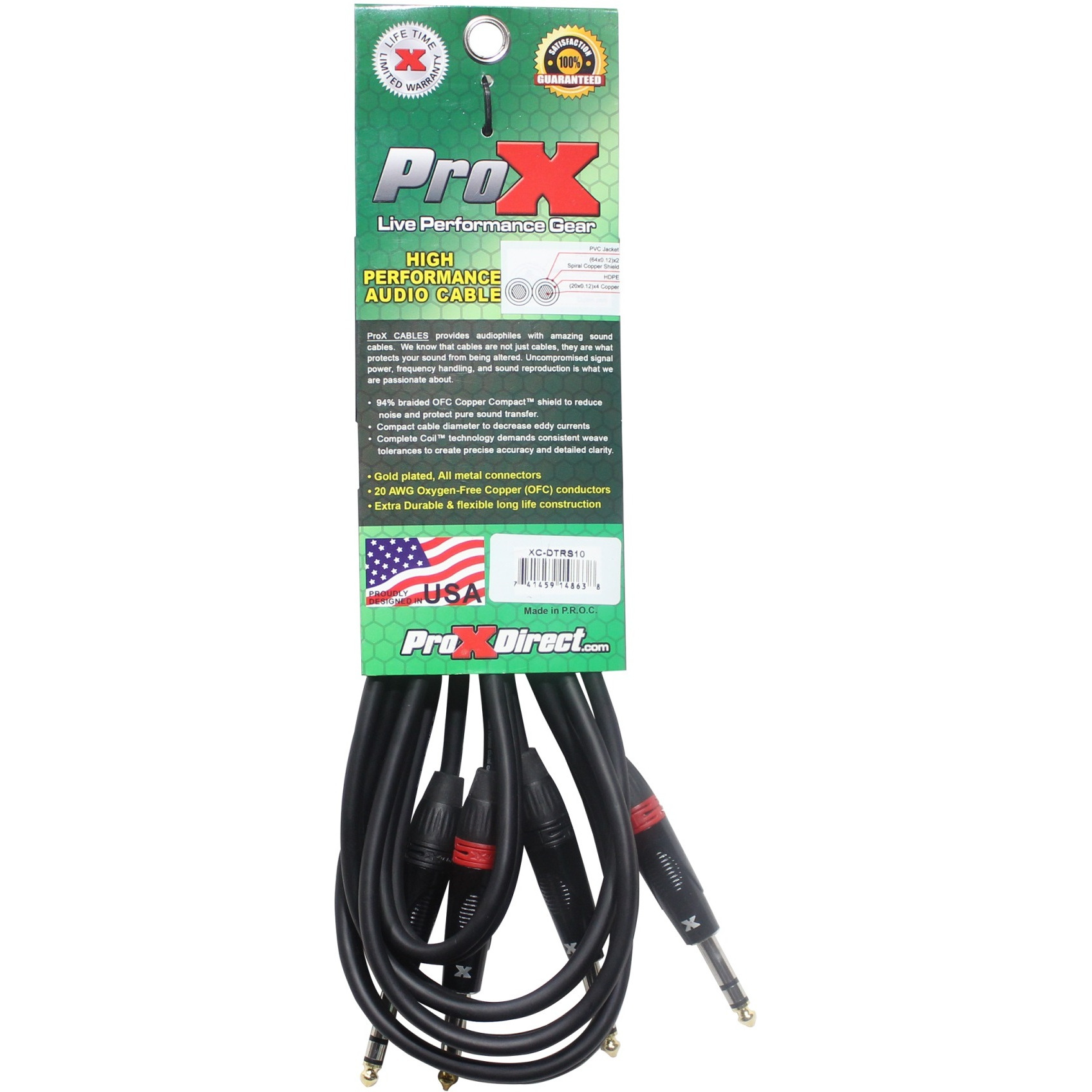 ProX XC-DTRS10 10 Ft. Balanced Dual 1/4" TRS-M to Dual 1/4" TRS-M High Performance Audio Cable