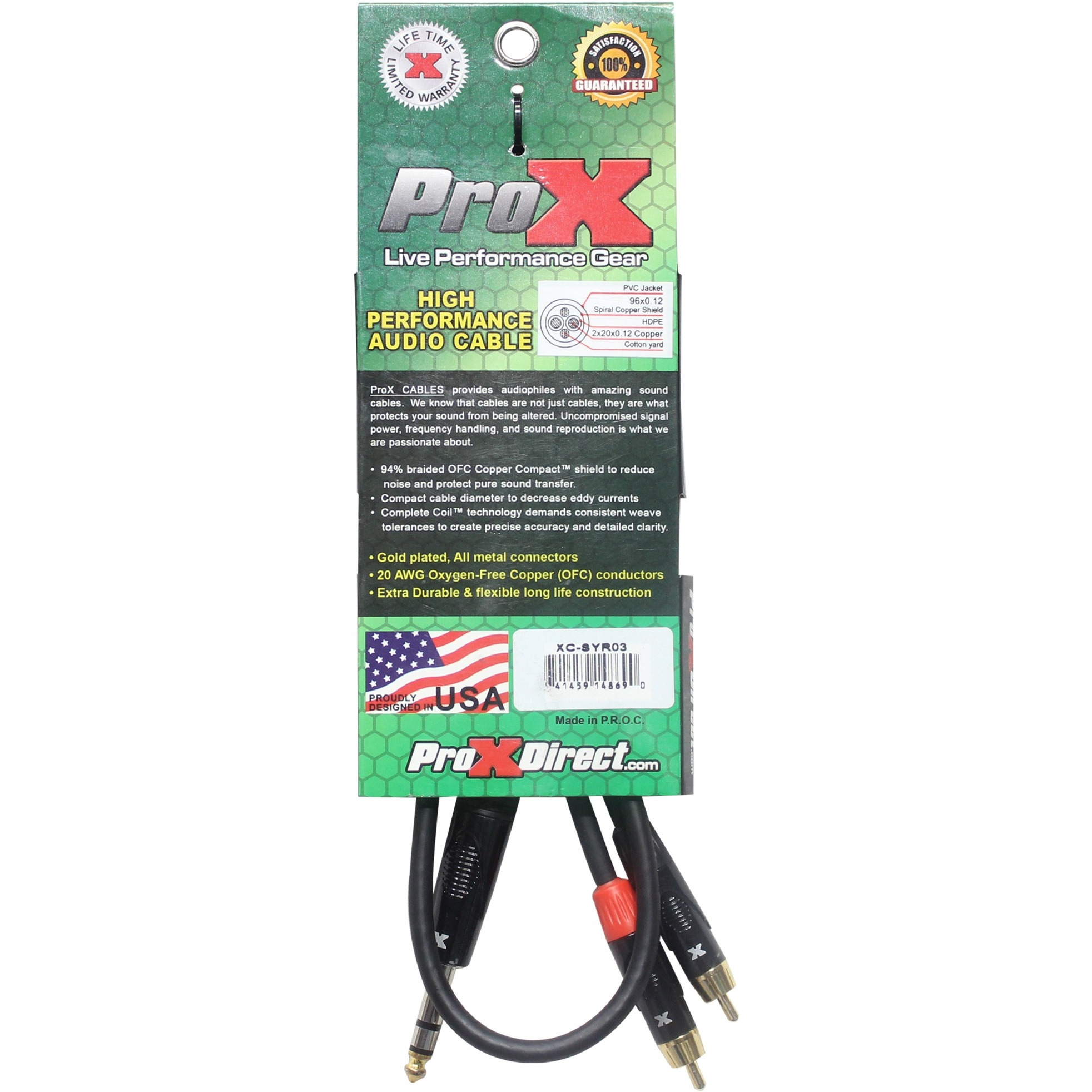 ProX XC-SYR03 3 Ft. Unbalanced 1/4" TRS-M to Dual RCA-M High Performance Audio Cable