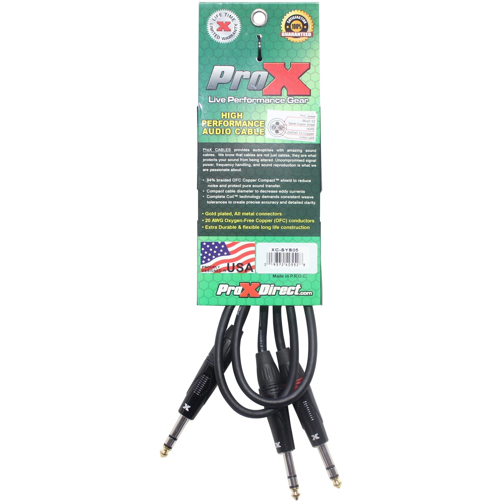 ProX XC-SYS05 5 Ft. 1/4" TRS-M to Dual 1/4" TRS-M High Performance Audio Cable