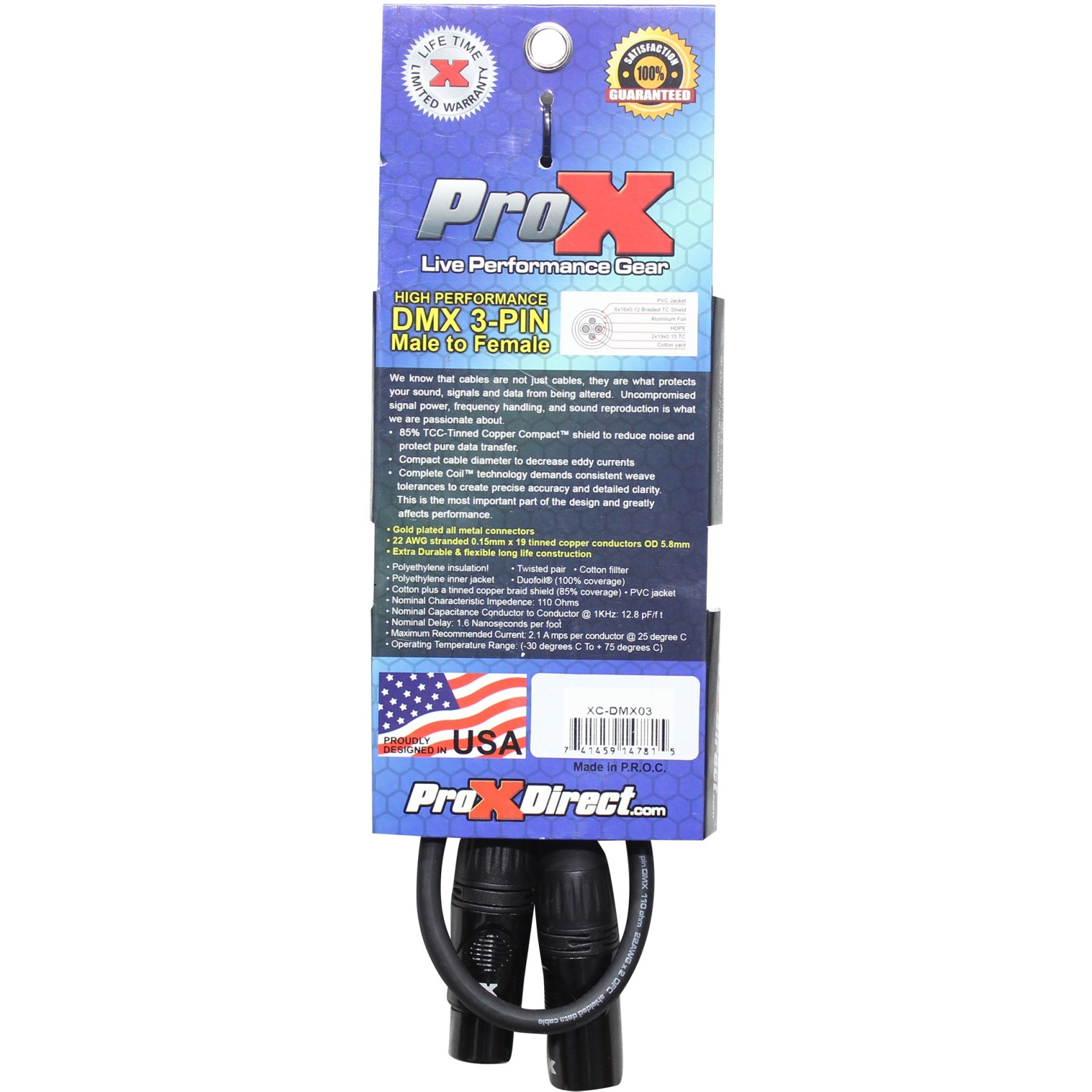 ProX XC-DMX03 3 Ft. DMX Male 3-Pin to DMX Female 3-Pin High Performance Cable