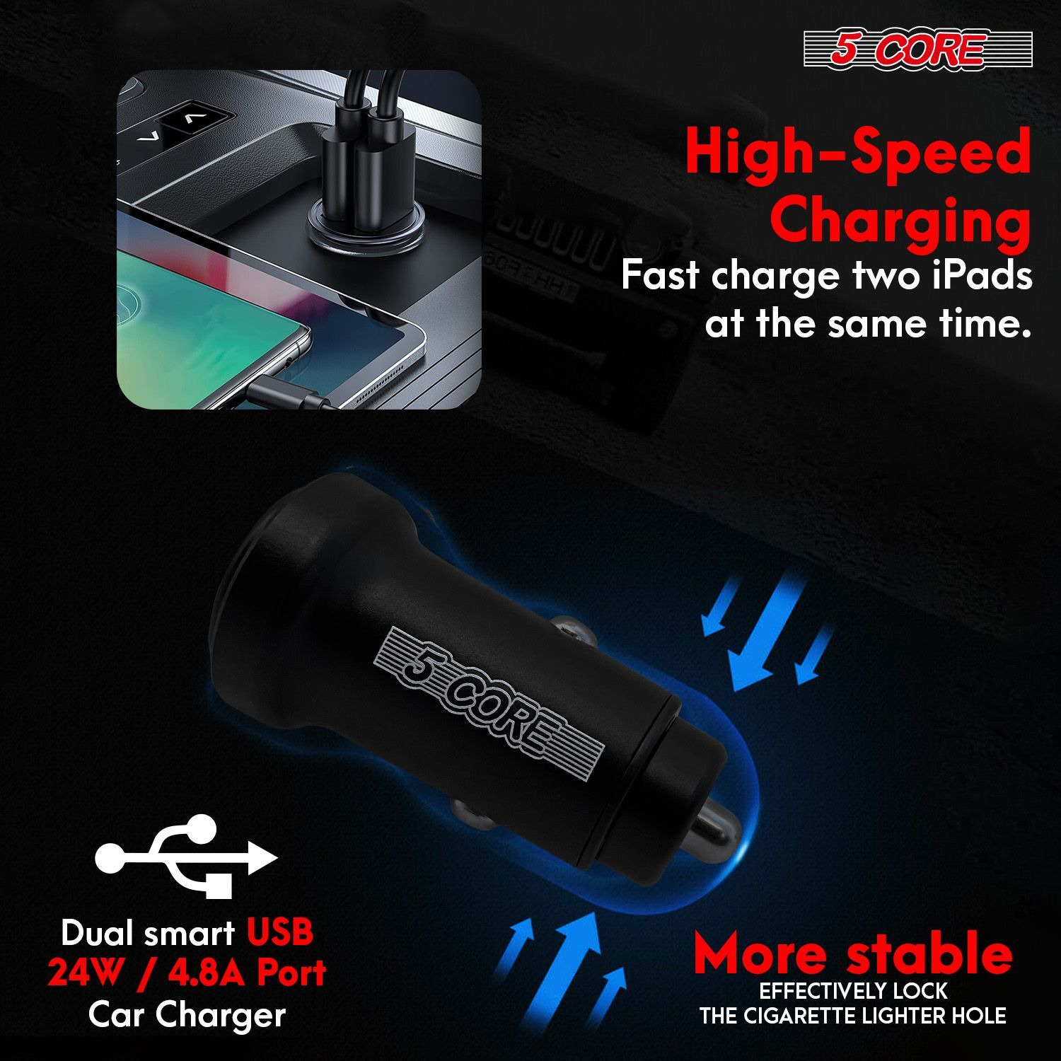 5 Core USB Car Charger Cigarette Lighter Adapter Dual USB Port Adapter 12/24 V Fast Charging - CDKC13 1Pc