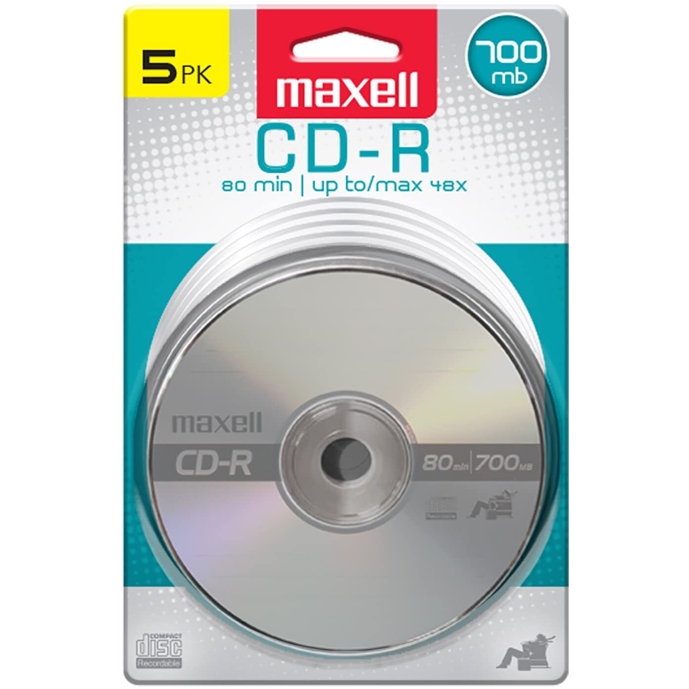 Maxell 648220 Premium Quality Recording Surface for Noise-Free Playback Write Speed 48x 700Mb Cd-Recordable 5 Disc Pack