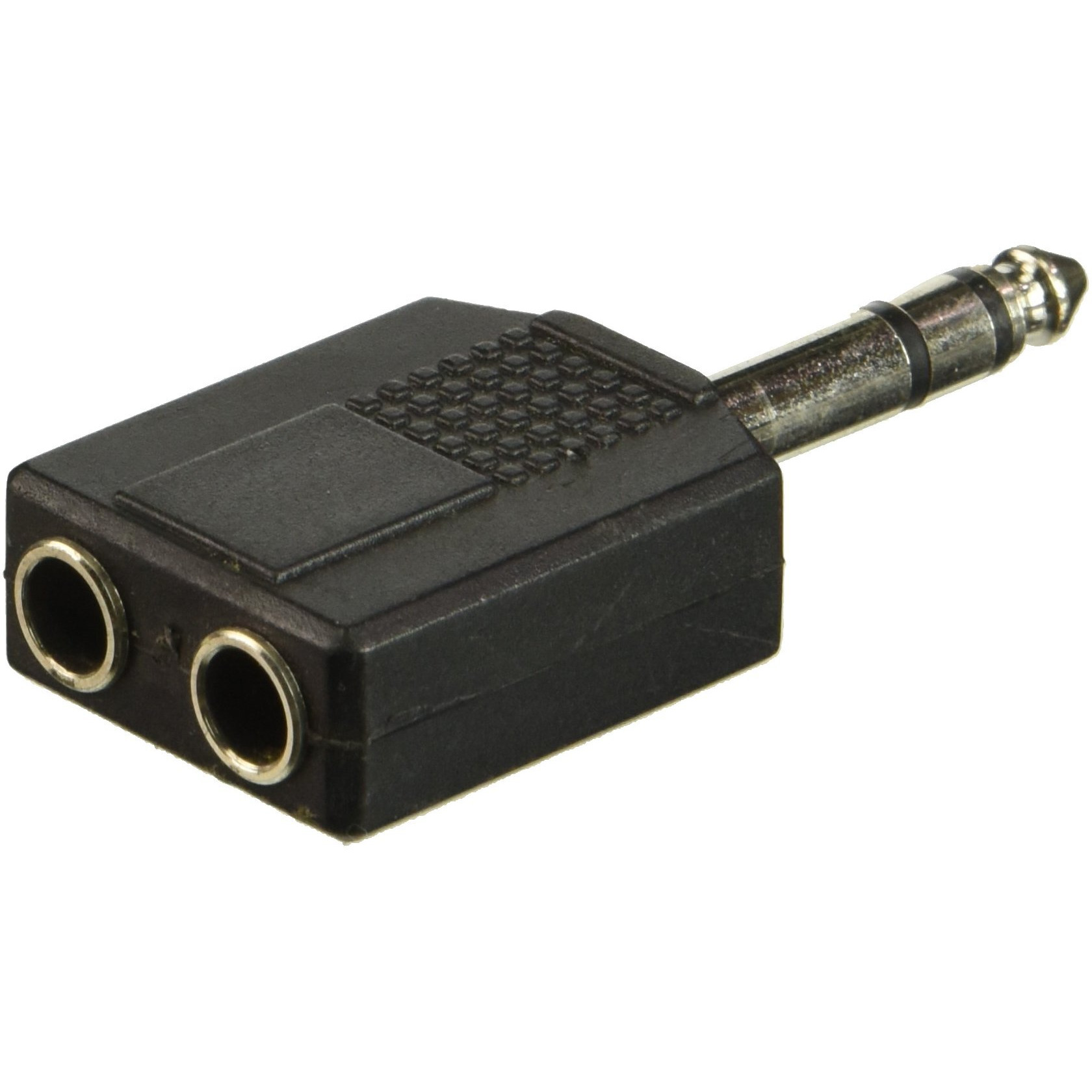 Stereo Splitter Y Adapter w/one 1/4-in male plug at one end, & two 1/4-in female sockets at the other end