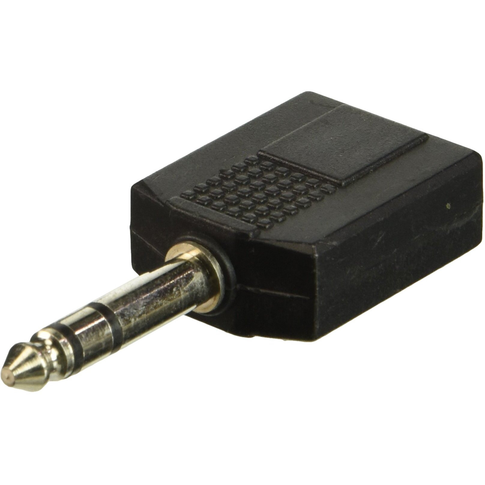 Stereo Splitter Y Adapter w/one 1/4-in male plug at one end, & two 1/4-in female sockets at the other end
