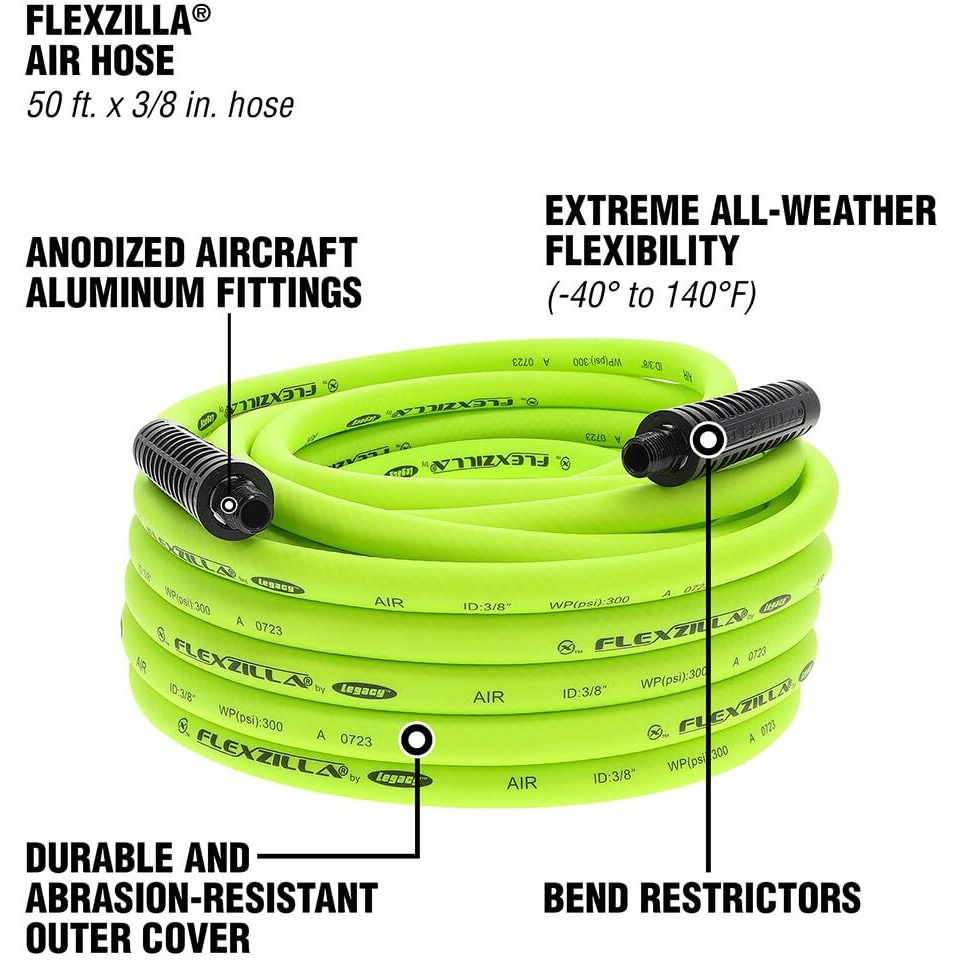 Flexzilla Air Hose 3/8" x 50' 1/4" MNPT Fittings ZillaGreen