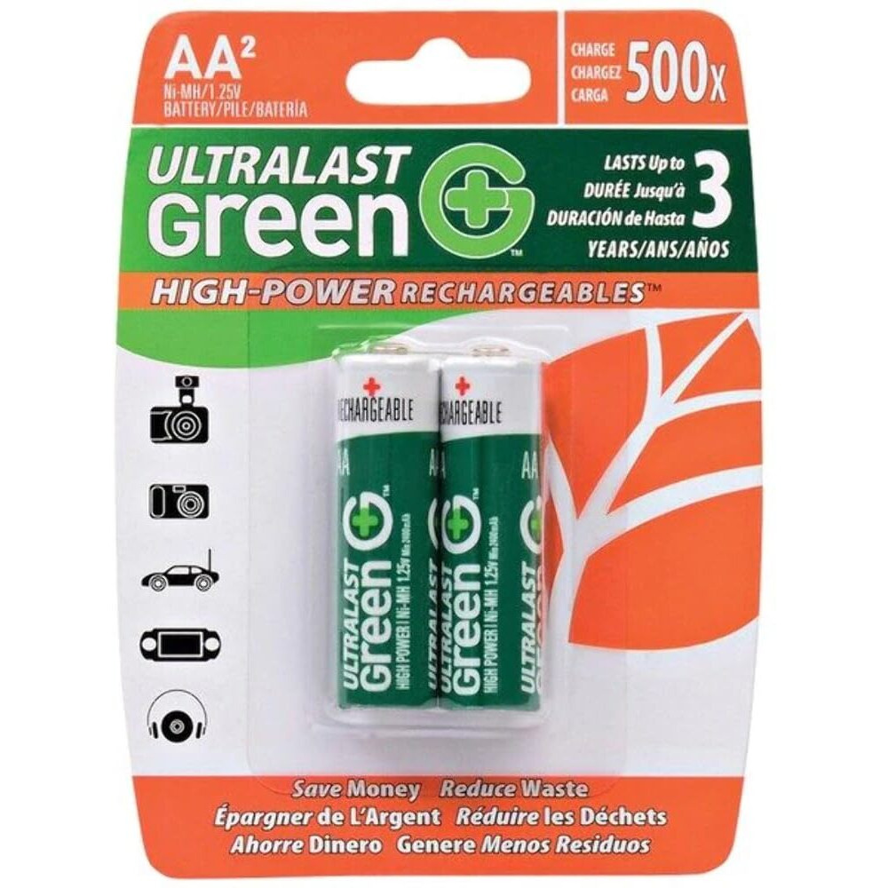 Ultralast ULGHP2AA AA Green High-Power Rechargeable Batteries, 2-pack