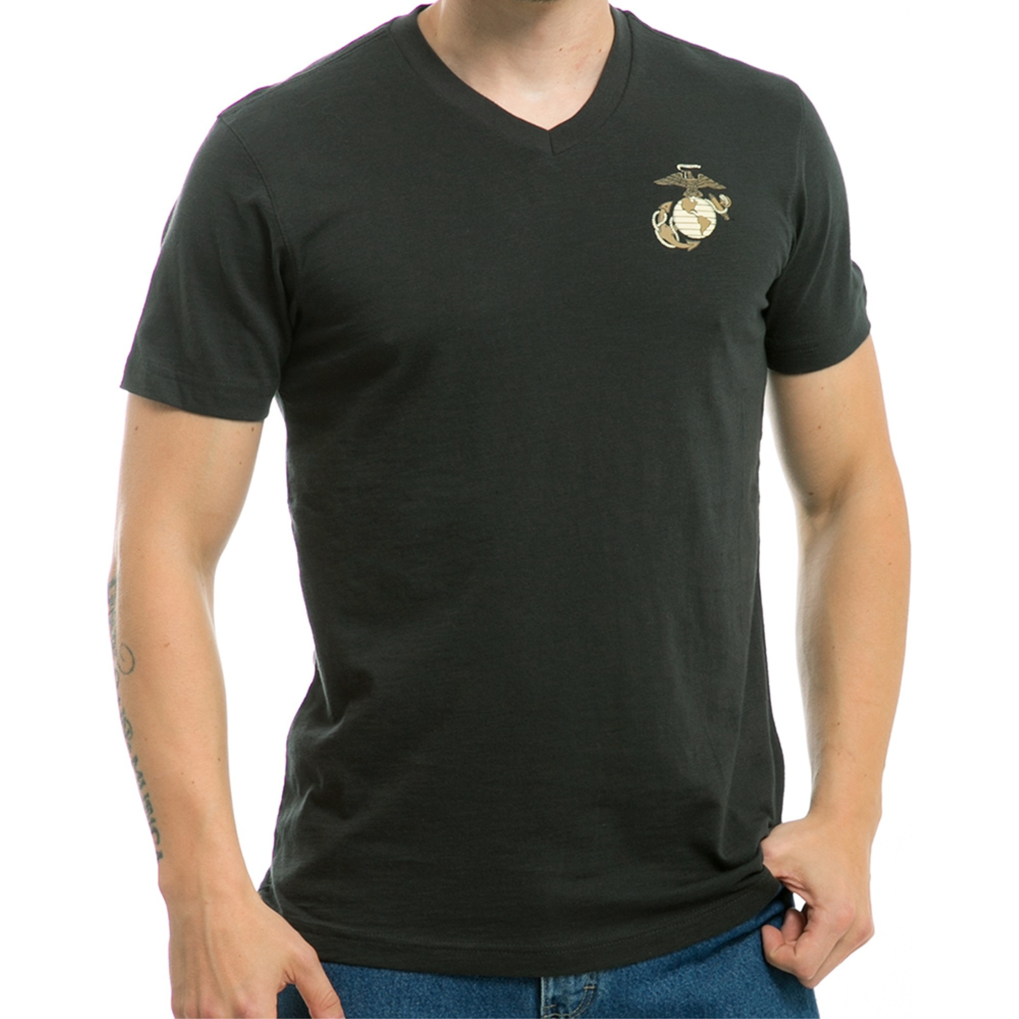Military V-Neck Tee, Marines, Black, XL