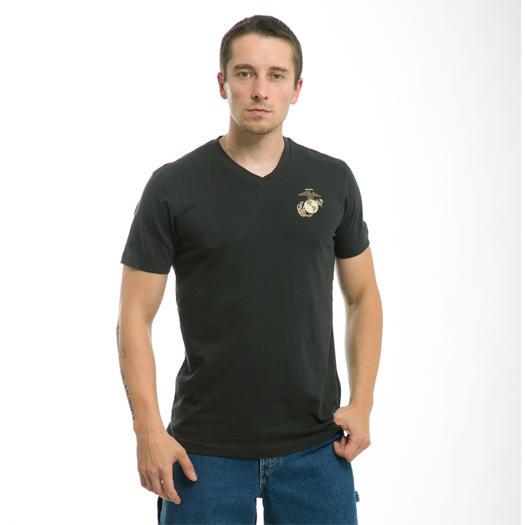 Military V-Neck Tee, Marines, Black, XL